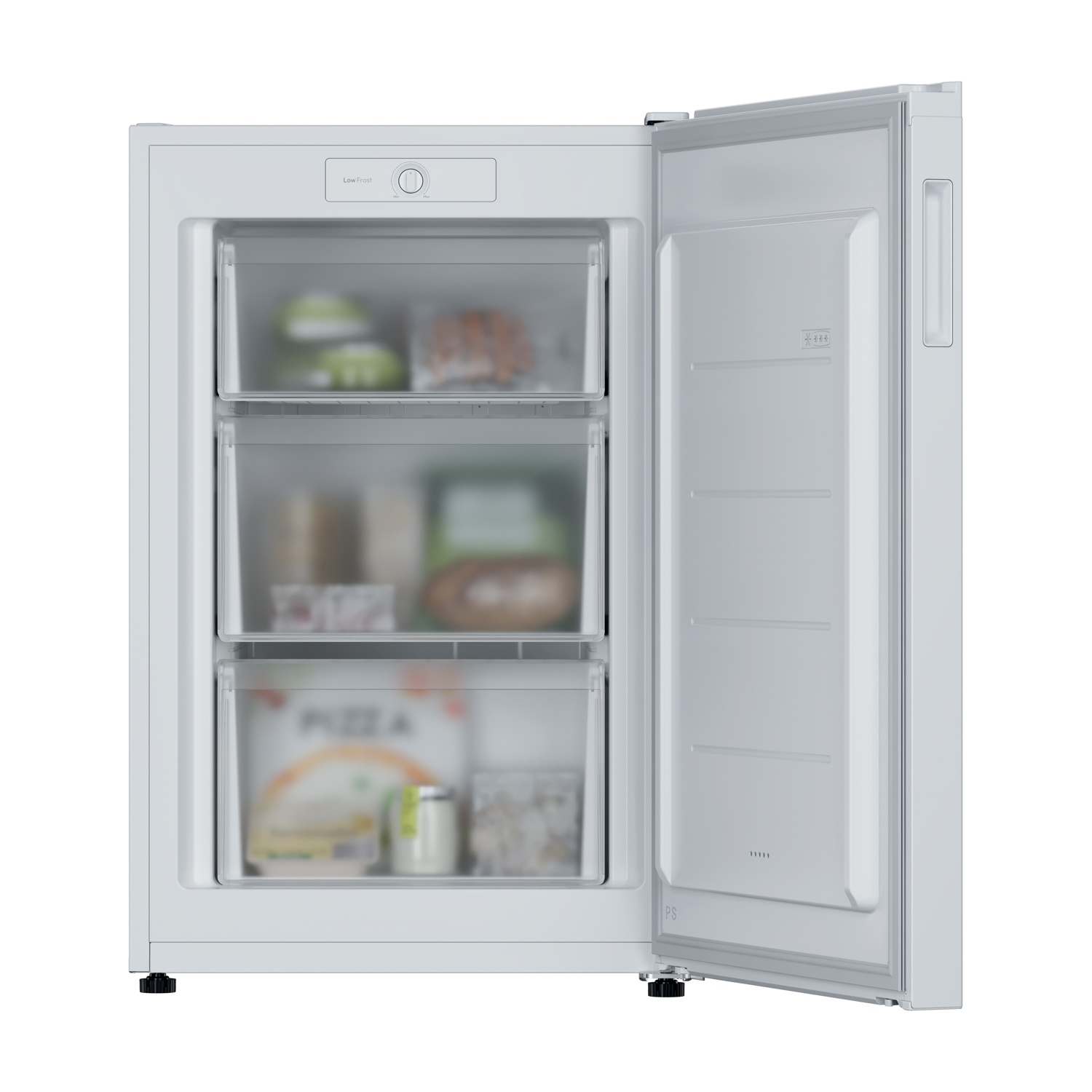 Un congelatore bianco con la porta aperta, che mostra tre cassetti pieni di cibo surgelato. Un pannello di controllo è in alto.
