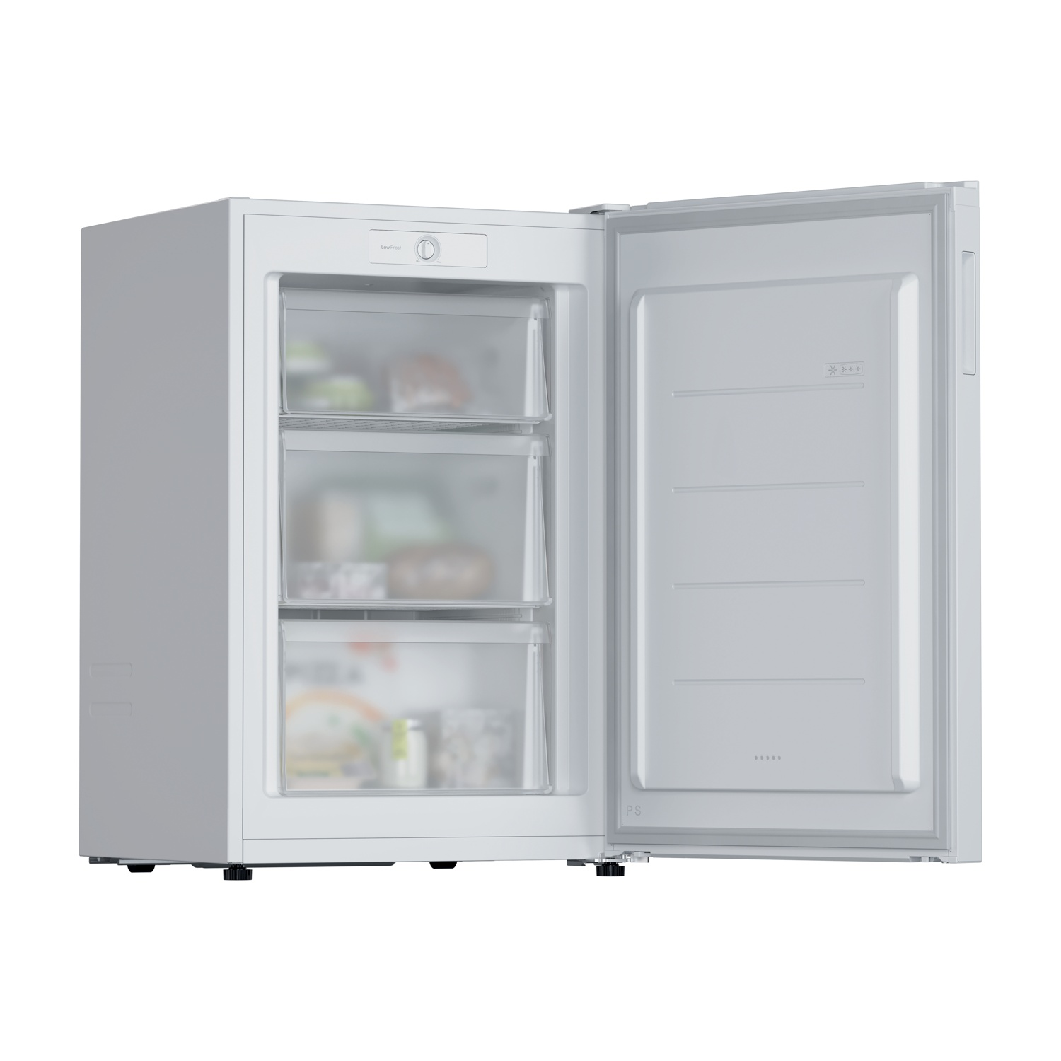 Un congelatore bianco con la porta aperta, che mostra tre cassetti. L'interno è bianco. Il congelatore è su sfondo bianco.