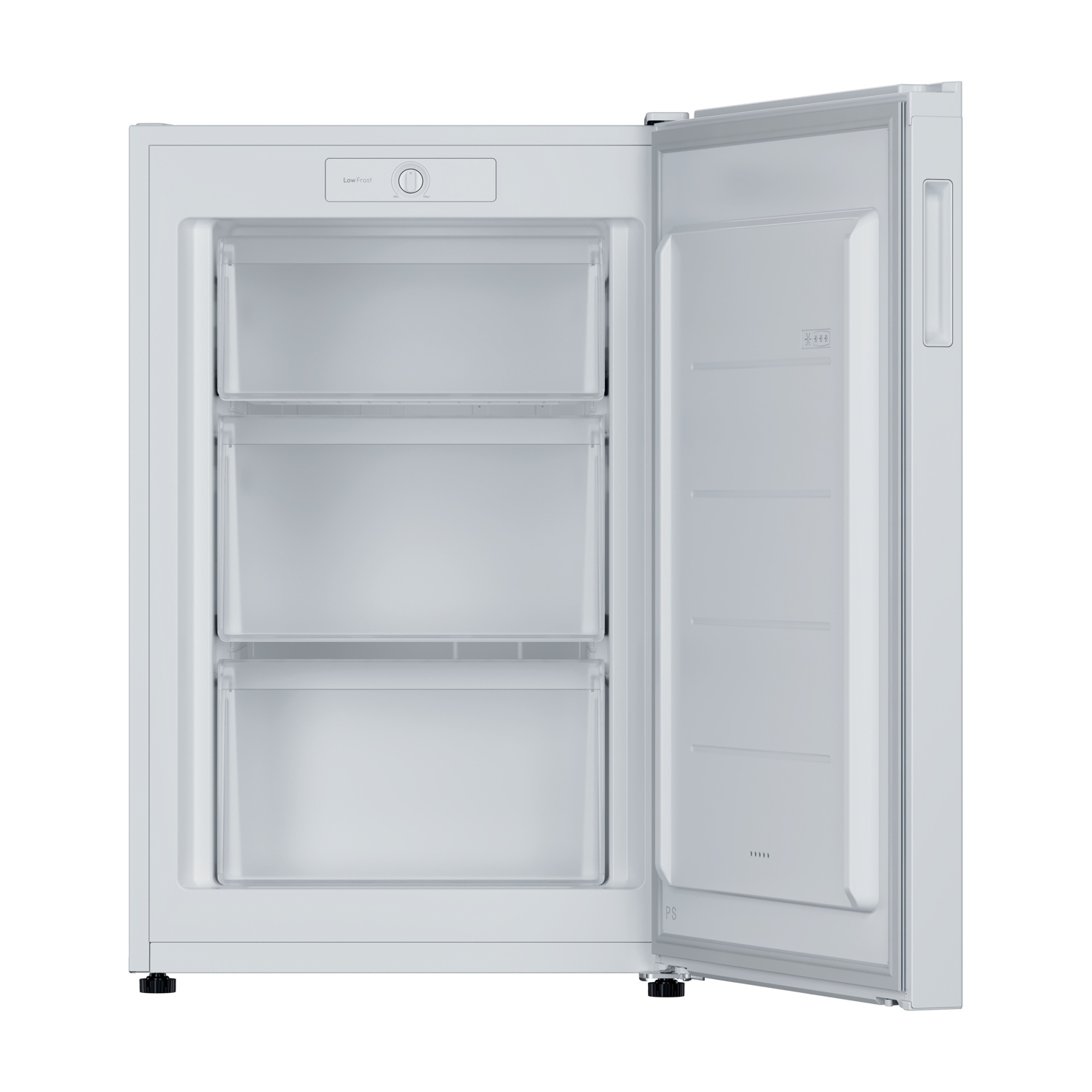 Un frigorifero bianco con la porta aperta, che rivela tre cassetti. Il frigorifero ha un pannello di controllo 'Low Frost' in alto.