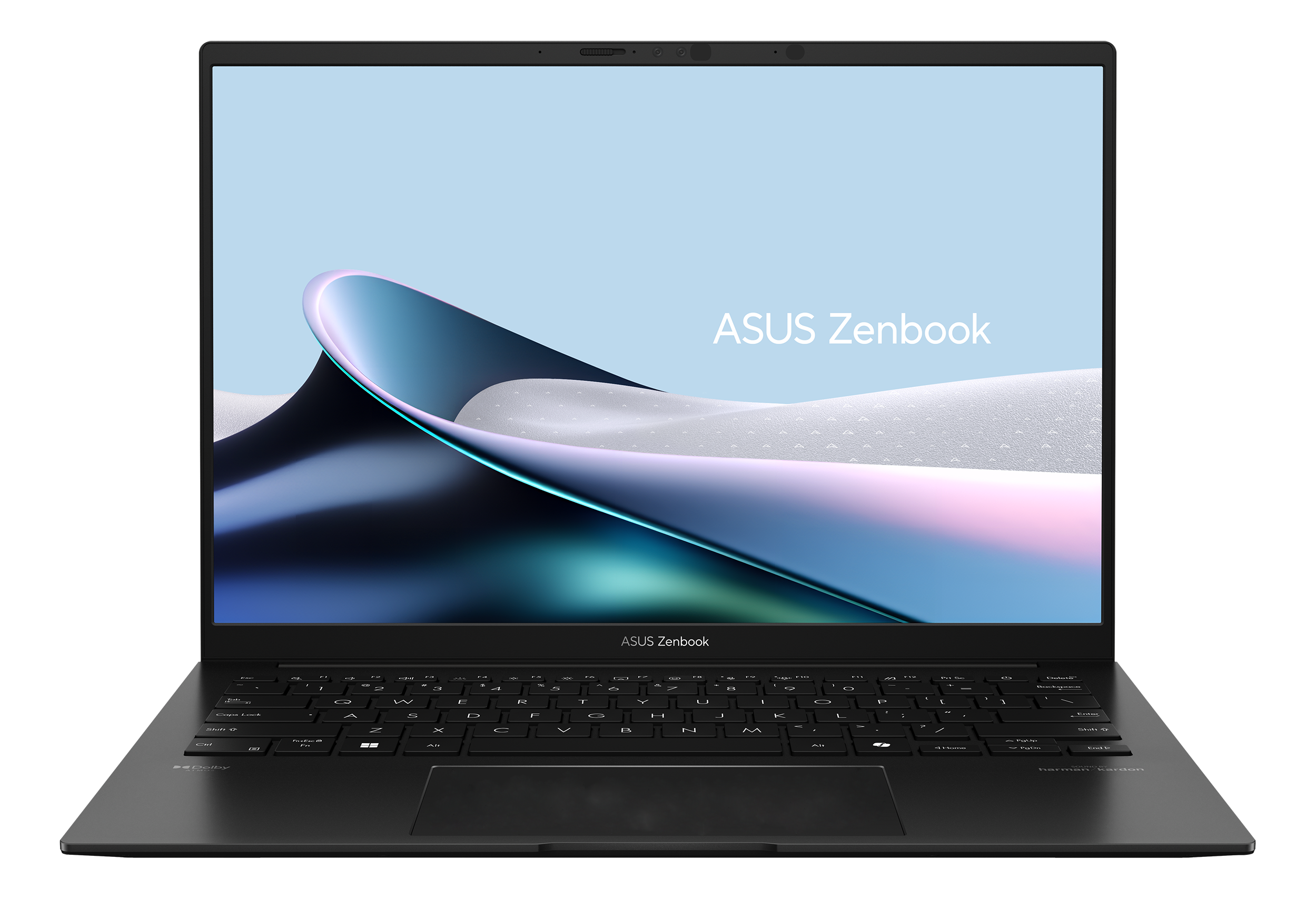 Ein schwarzes ASUS Zenbook-Laptop ist geöffnet. Der Bildschirm zeigt ein blaues und weißes abstraktes Design. Tastatur sichtbar.