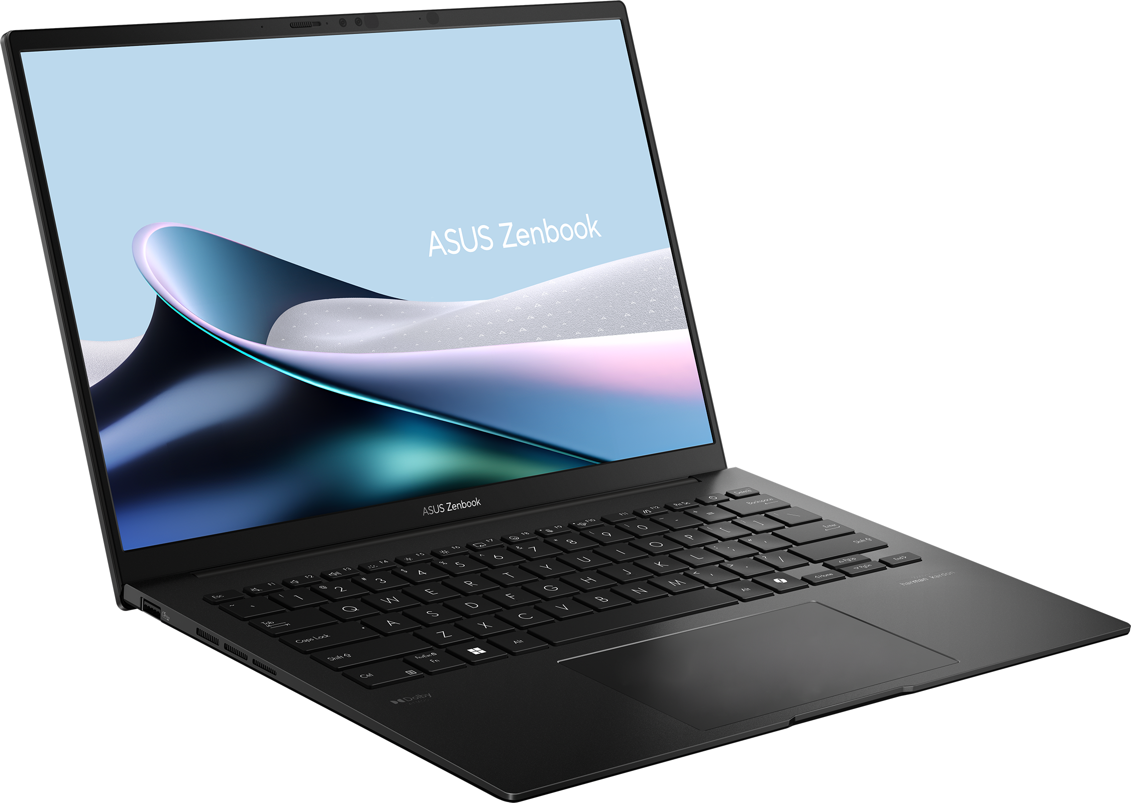 Schwarzer Asus Zenbook Laptop, in einem Winkel geöffnet. Bildschirm zeigt einen Farbverlauf. Tastatur sichtbar. Oberfläche dunkel.