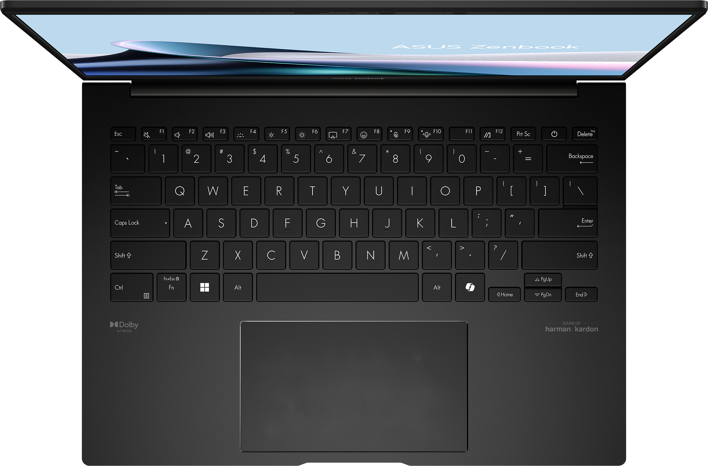 Draufsicht auf einen schwarzen ASUS Zenbook Laptop, Tastatur sichtbar. Der Bildschirm ist geöffnet und zeigt einen hellblauen Bildschirm.