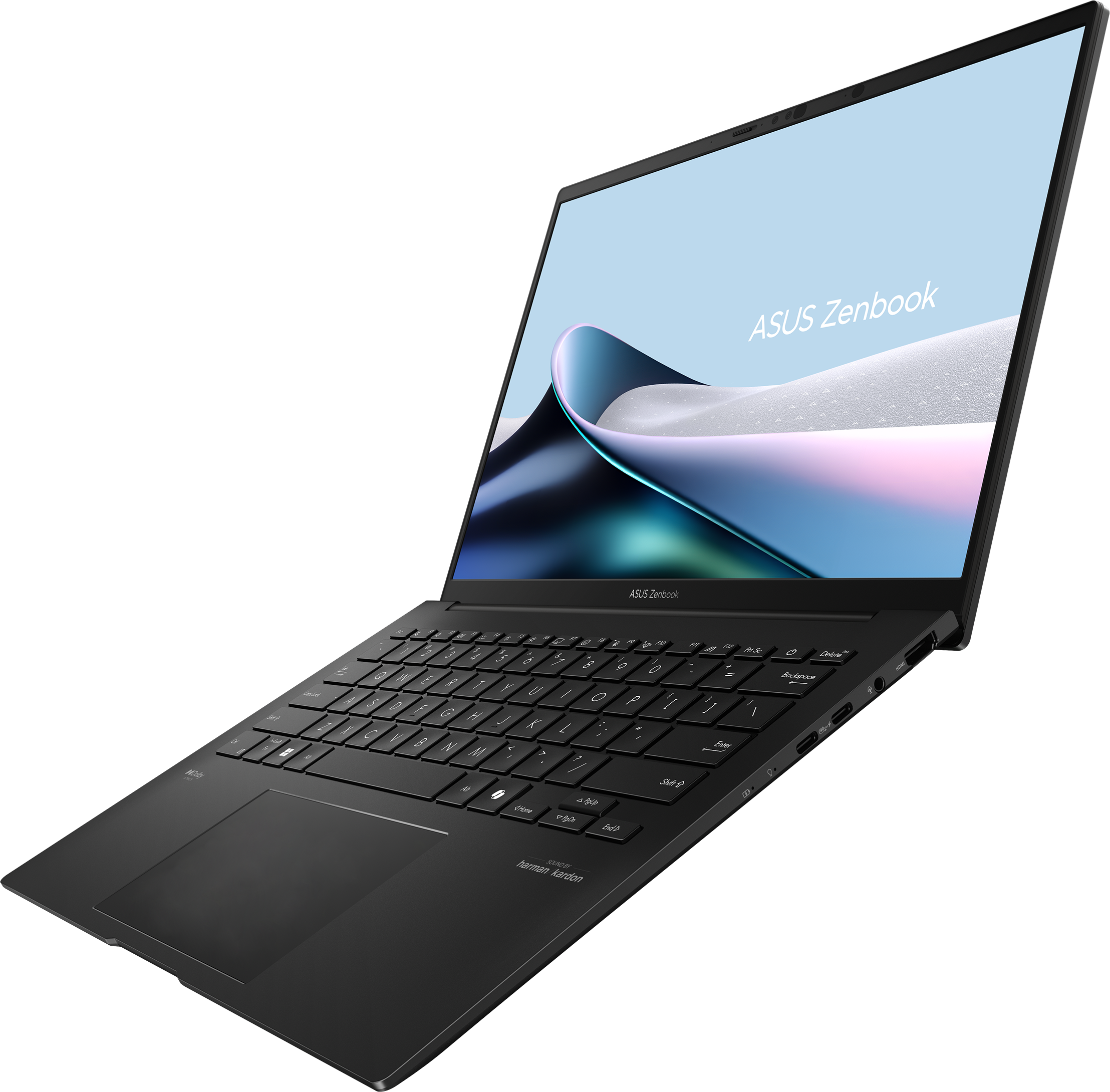 Schwarzer Asus Zenbook Laptop, in einem Winkel geöffnet. Der Bildschirm zeigt ein blaues, weißes und violettes abstraktes Design.