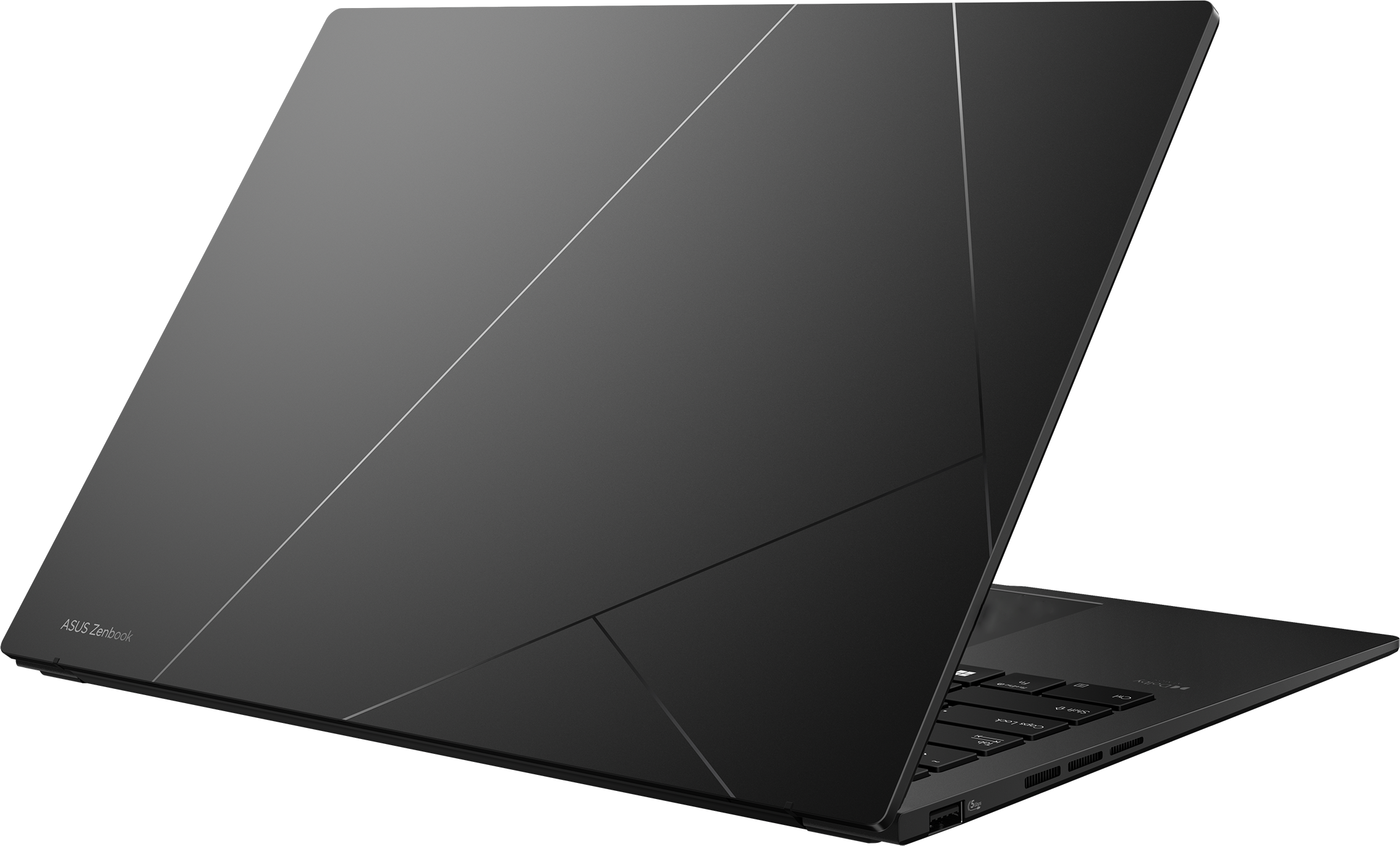 Schwarzes Asus Zenbook Laptop, teilweise geöffnet. Der Deckel hat geometrische Linien. Tastatur mit dunklem Hintergrund sichtbar.