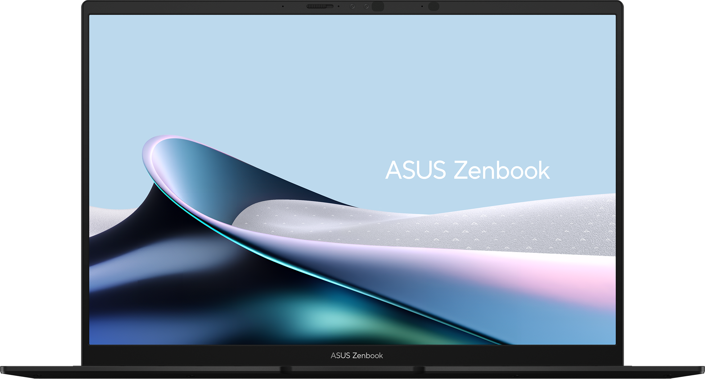 Laptop mit blau-weißem Bildschirm. Der Bildschirm zeigt 'ASUS Zenbook'. Schwarzer Rahmen umgibt den Bildschirm.