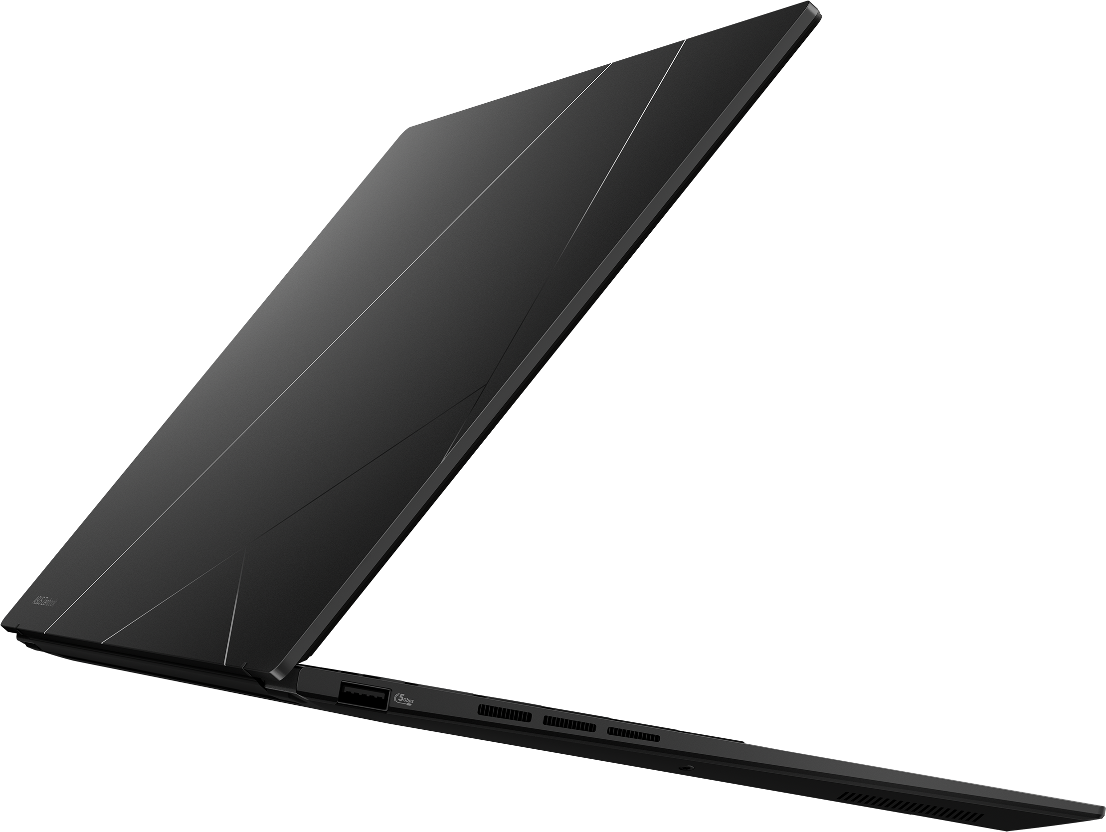 Schwarzer Laptop, offen, schräge Ansicht. Silberne Linien auf dem Deckel. Der Hintergrund ist eine Mischung aus Farben und Formen.