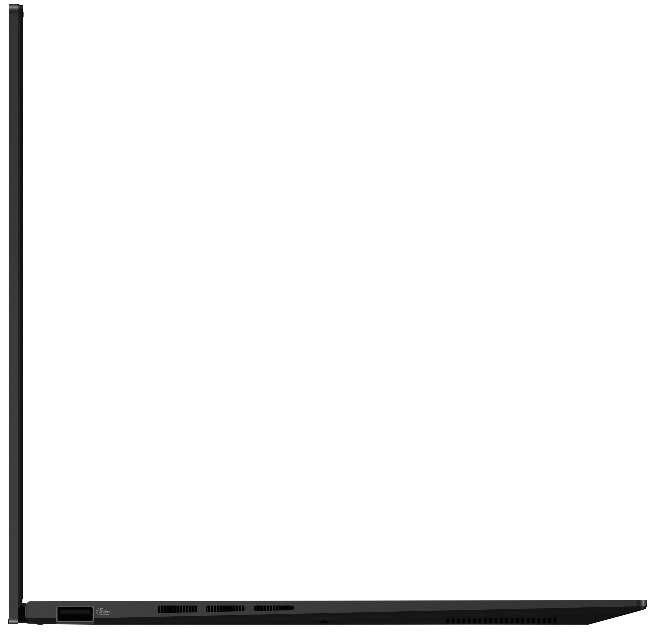 Seitenansicht eines Laptops. Schwarzer Rahmen mit weißem Bildschirm. Anschlüsse und Lüftungsschlitze sind sichtbar.