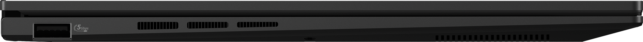 Seitenansicht eines dunklen Laptops. Zeigt Anschlüsse, Lüfter und ein '5 Gbit/s'-Logo. Das Design ist schlank und minimalistisch.