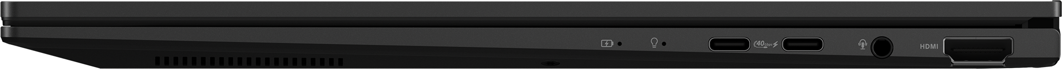 Seitenansicht eines schwarzen Laptops. Anschlüsse sind Audio, USB-C, HDMI. Kühlungsschlitze sichtbar.