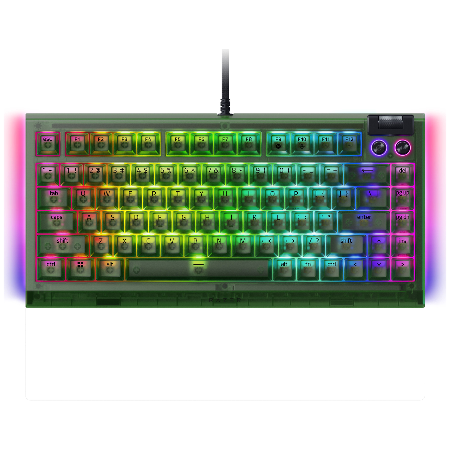 Green, transparent keyboard with lit keys. Letters and numbers are visible. Has a black cable.