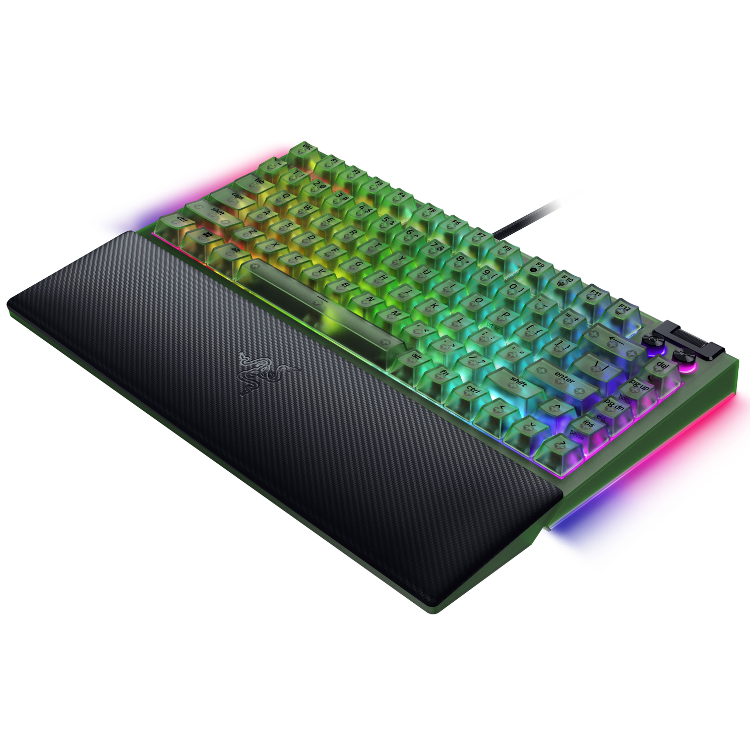 A Razer keyboard with green keys and a black wrist rest. Keys are backlit with various colors. The keyboard sits on a white background.