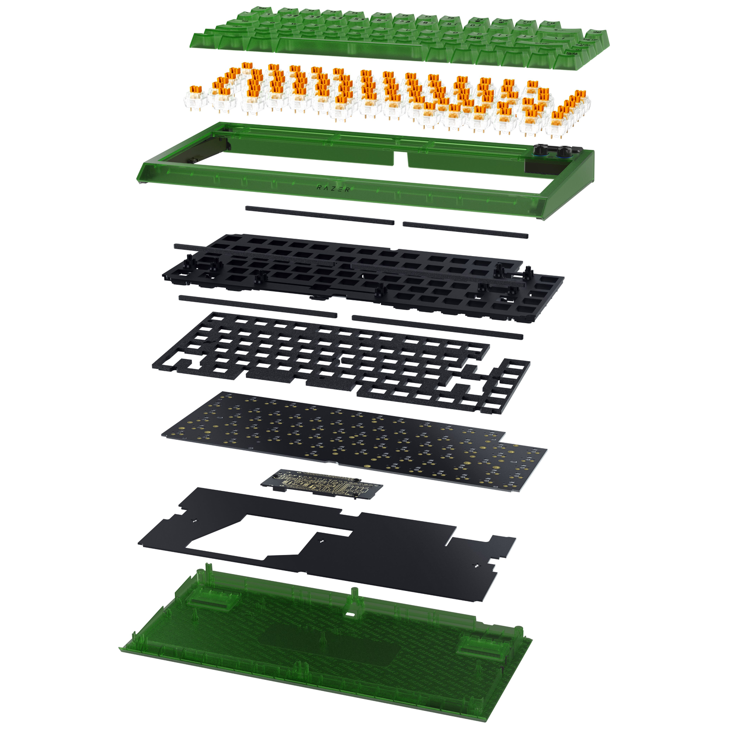 Exploded view of a green Razer keyboard. Keycaps, switches, frame, circuit board, and other components are separated.