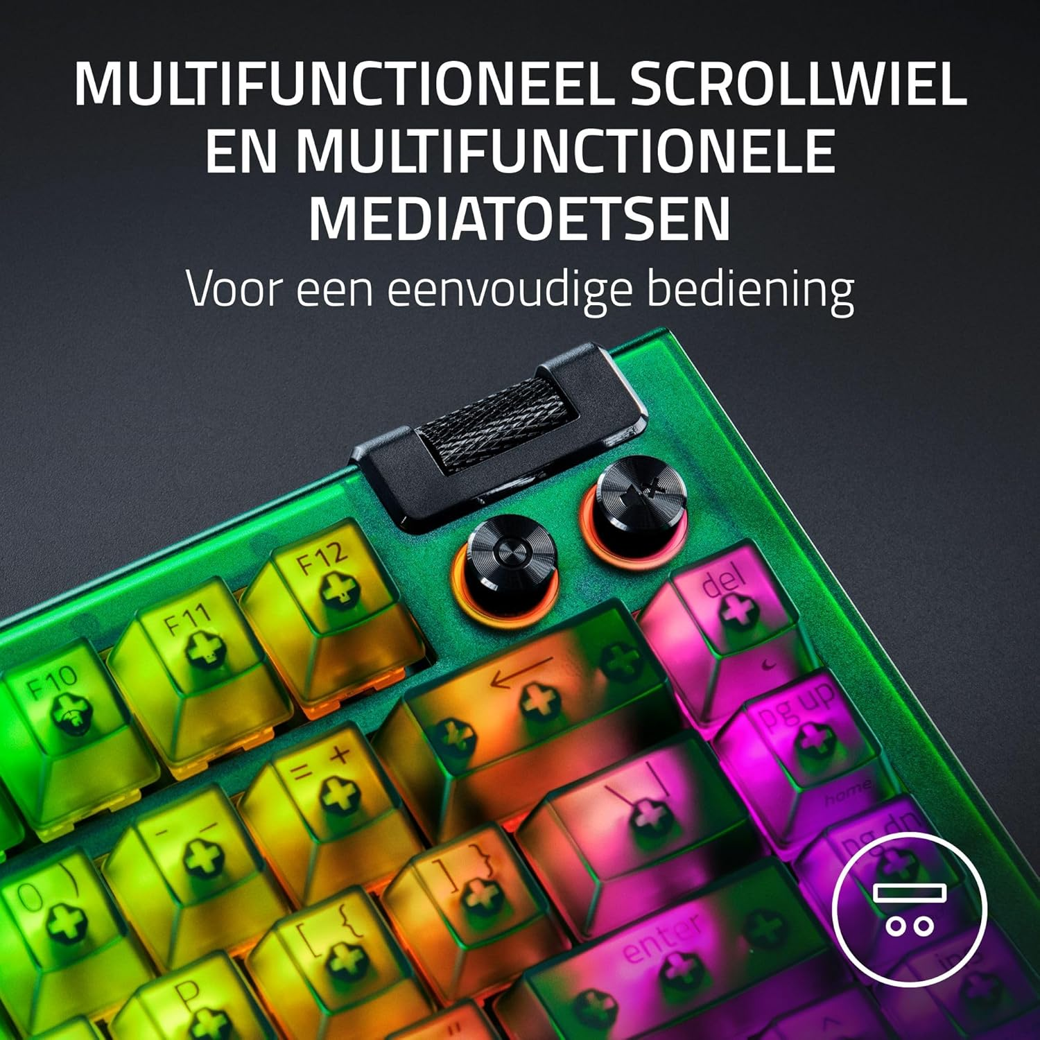 Close-up of a colorful keyboard with highlighted keys. Text: Multifunctioneel scrollwiel en multifunctionele mediatoetsen.