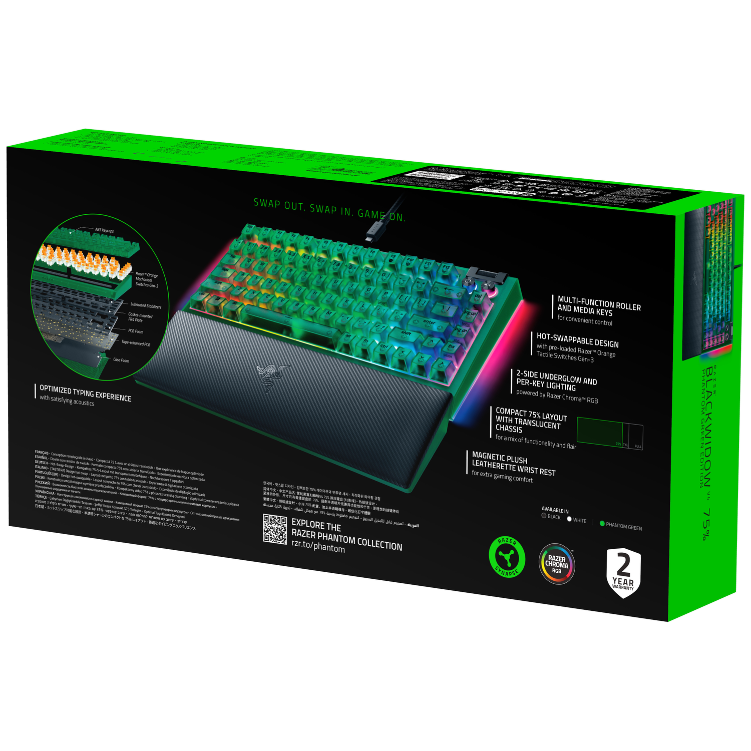 A Razer Blackwidow V4 75% keyboard box. It features a keyboard, wrist rest, and Chroma RGB lighting.