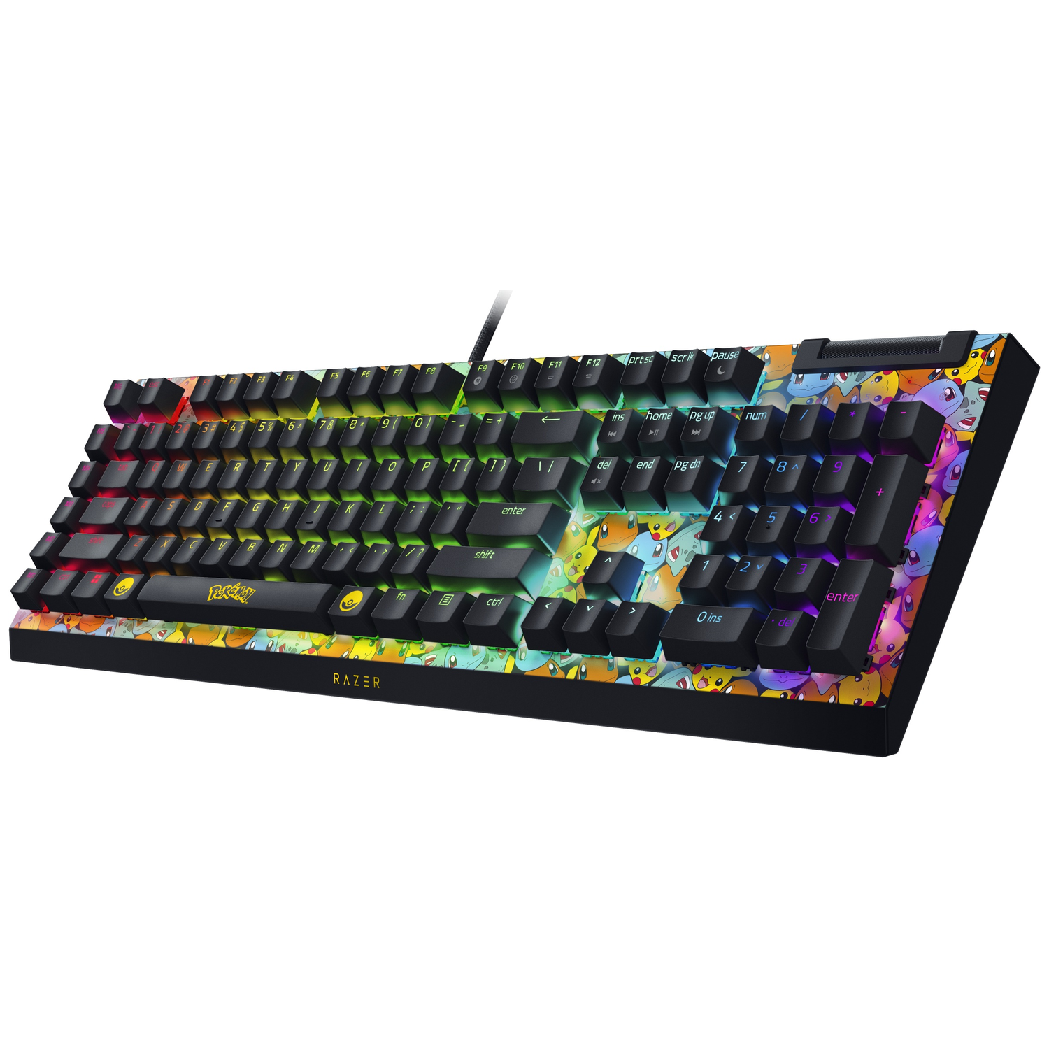 A Razer keyboard with Pokemon designs. The keys are black, and the keyboard has RGB lighting. Pokemon characters decorate the edges.