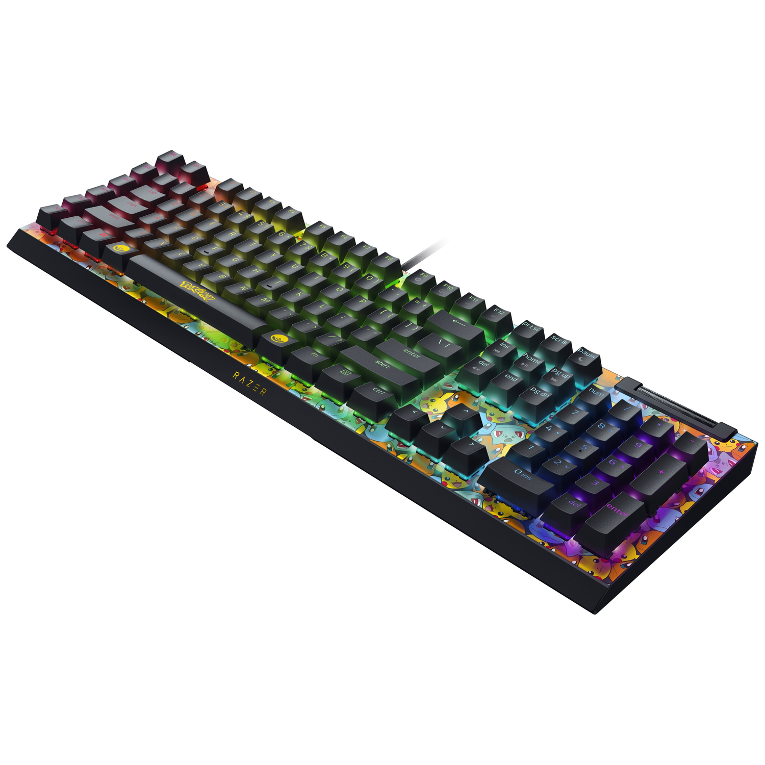 A Razer keyboard with black keys and rainbow backlighting. The base is decorated with cartoon characters. The Razer logo is visible.