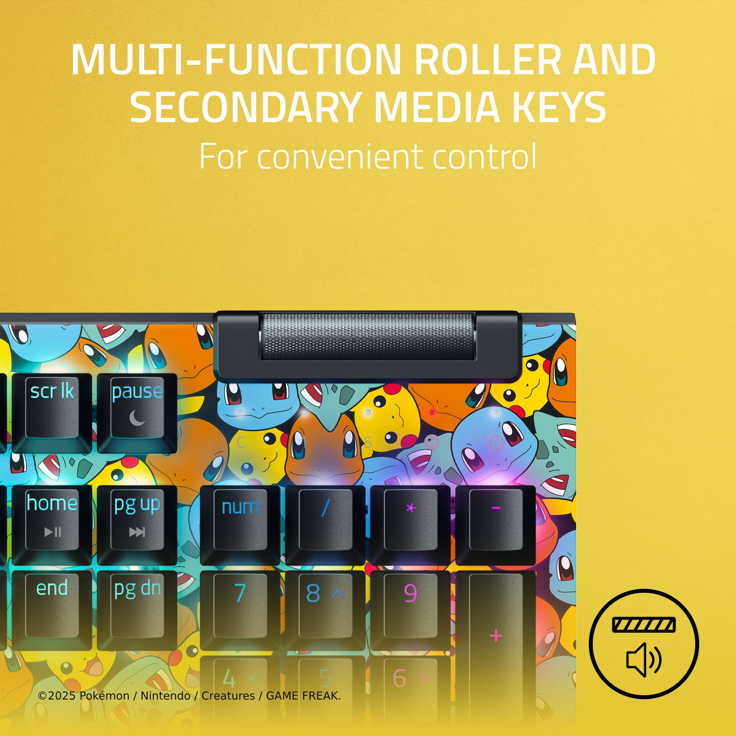 A colorful keyboard with Pokemon characters. It has a roller, secondary media keys, and a volume control icon on a yellow background.
