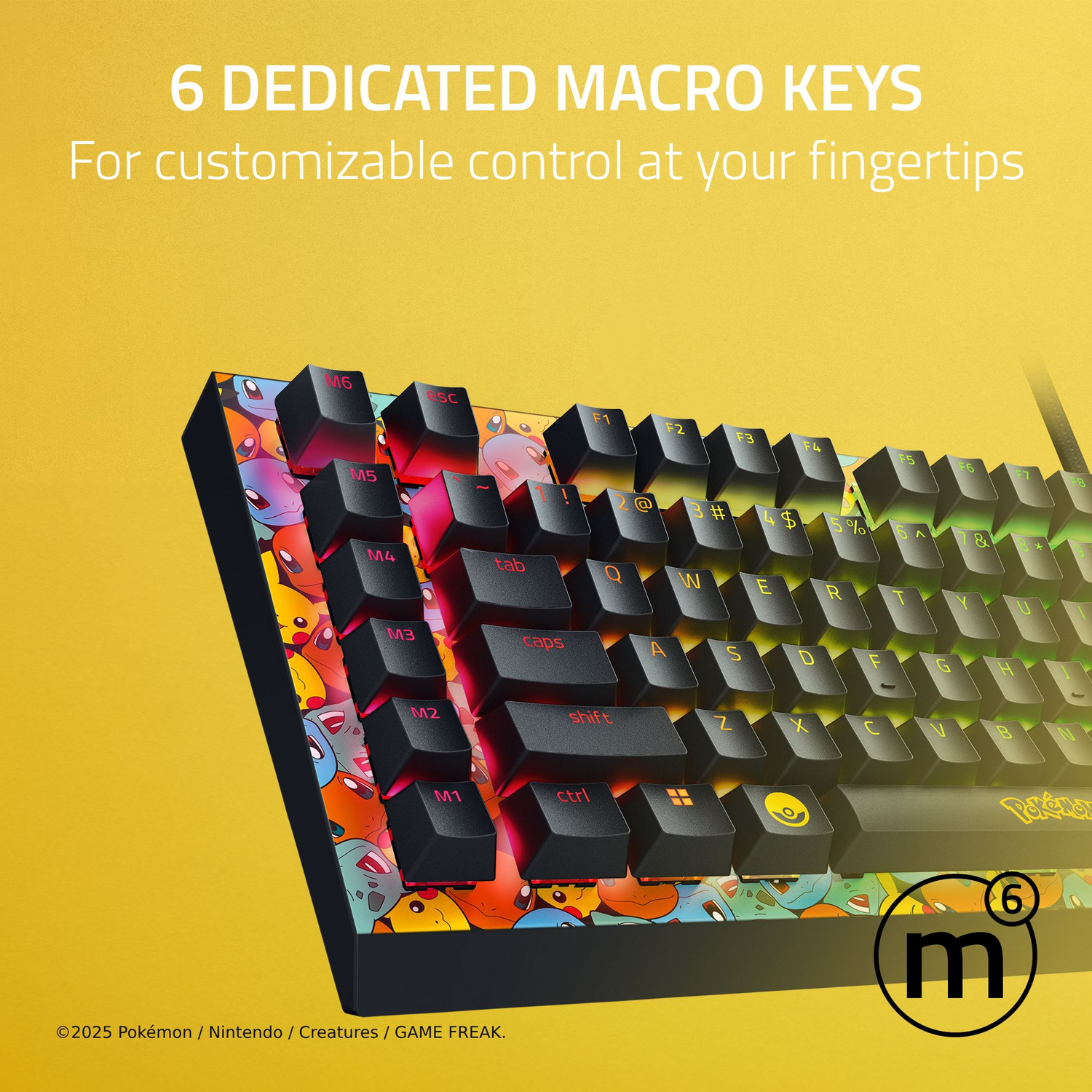 A close-up of a black and colorful Pokemon keyboard. Six dedicated macro keys are highlighted. Yellow background with text.