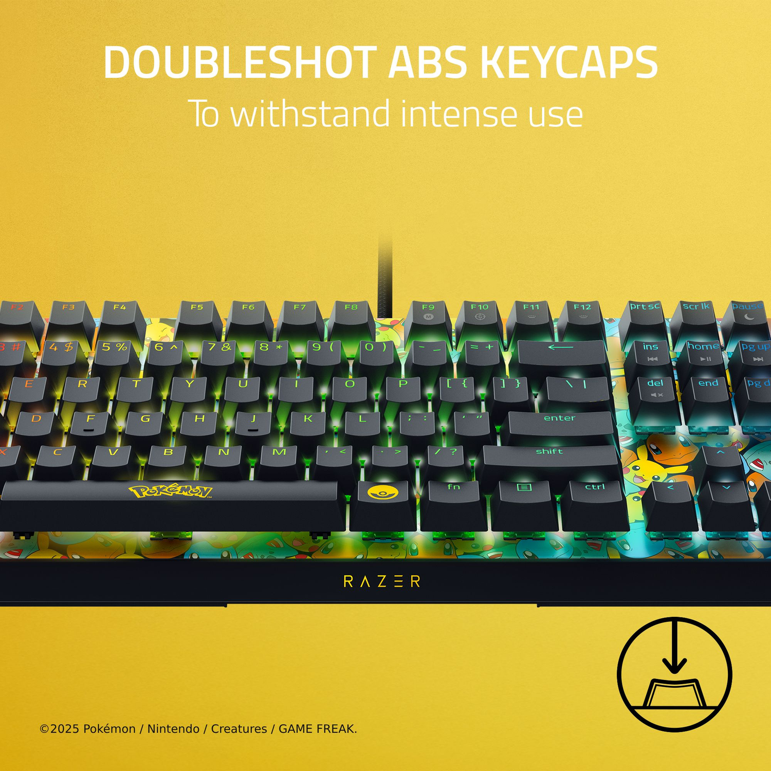 A black Razer keyboard with Pokemon design, illuminated keys, and yellow background. Doubleshot ABS keycaps.