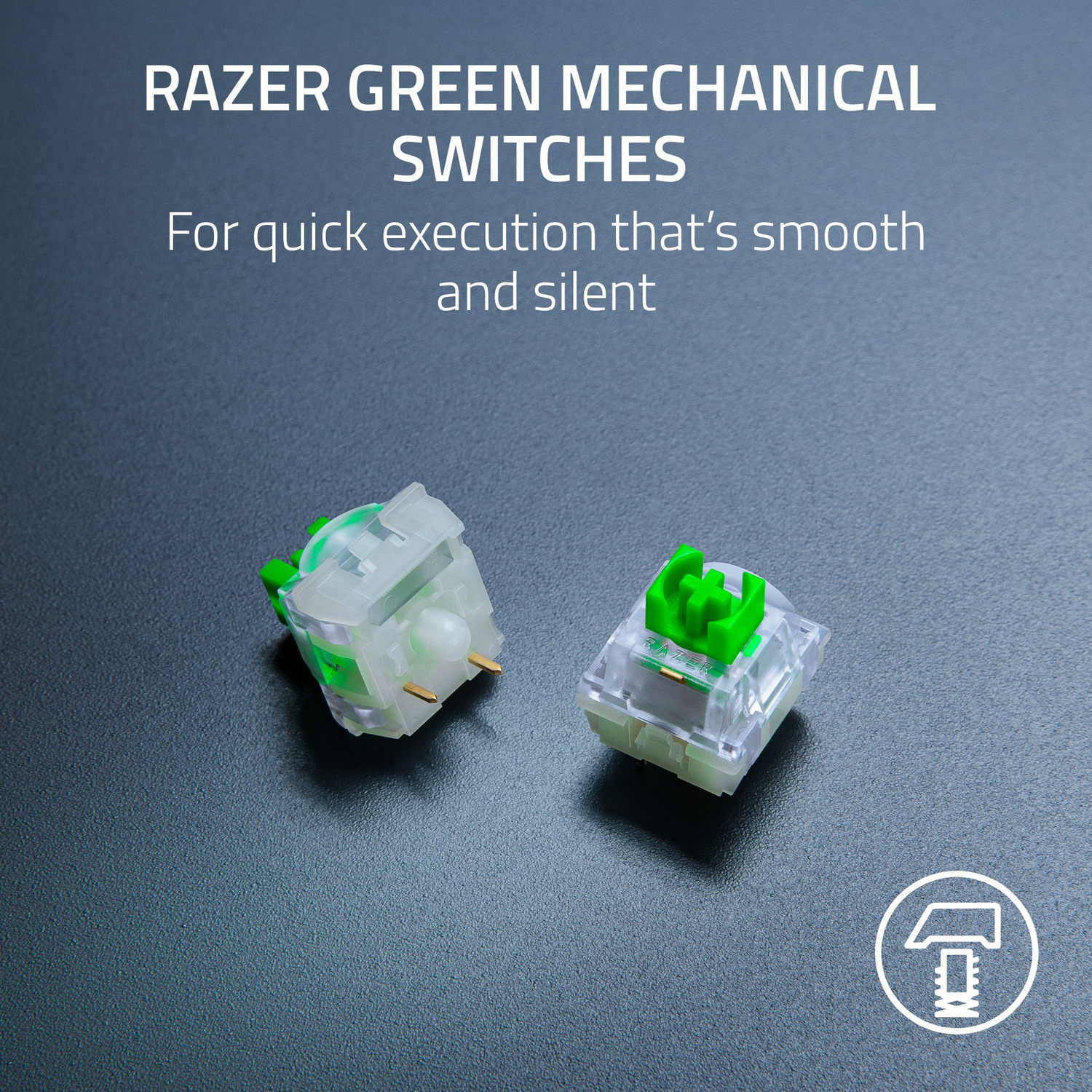 Two Razer green mechanical switches on a dark surface. The switches have green accents and clear casings.