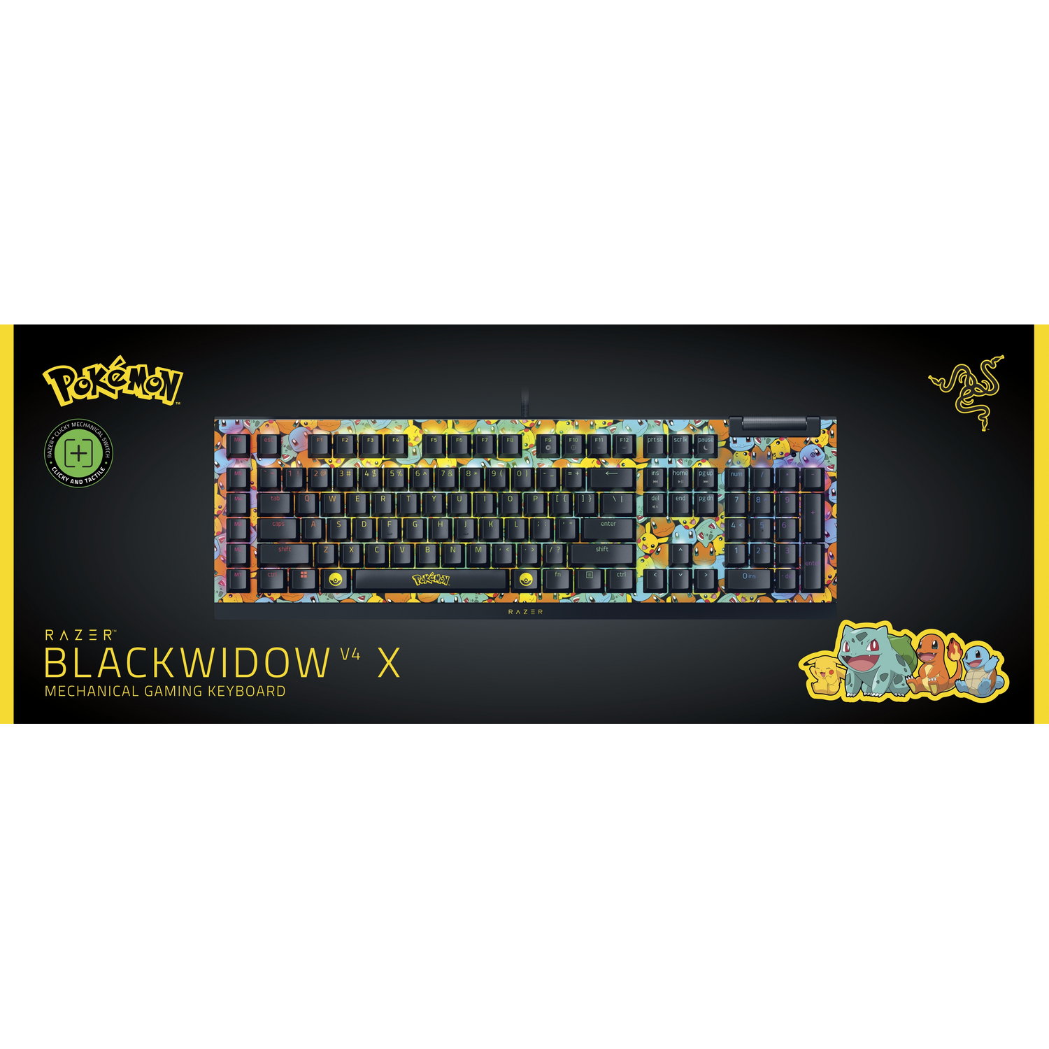 Razer Blackwidow V4 X keyboard with a Pokemon theme, featuring Pikachu, Bulbasaur, Charmander, and Squirtle.