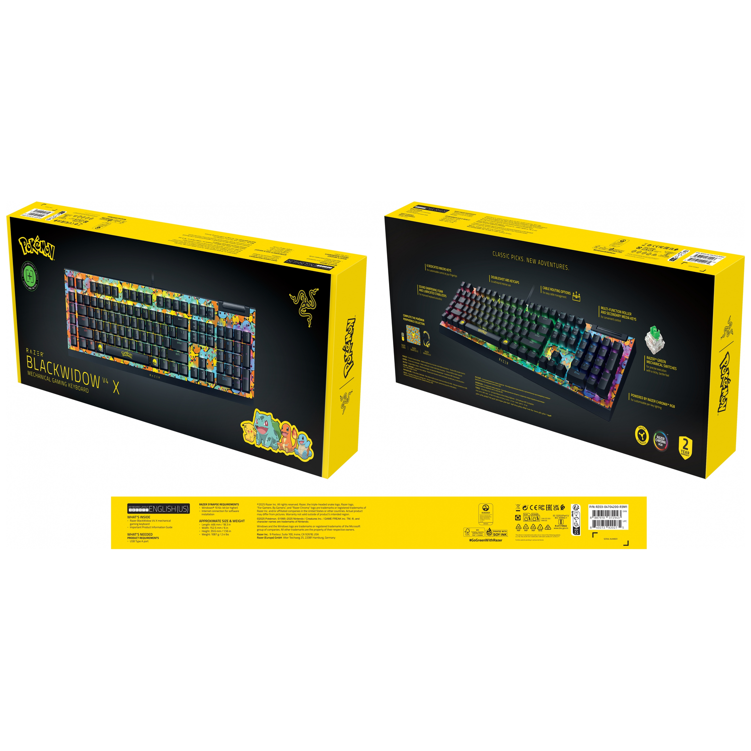 A Razer Blackwidow V4 X keyboard box. It's yellow and black with Pokemon designs. The keyboard is visible.