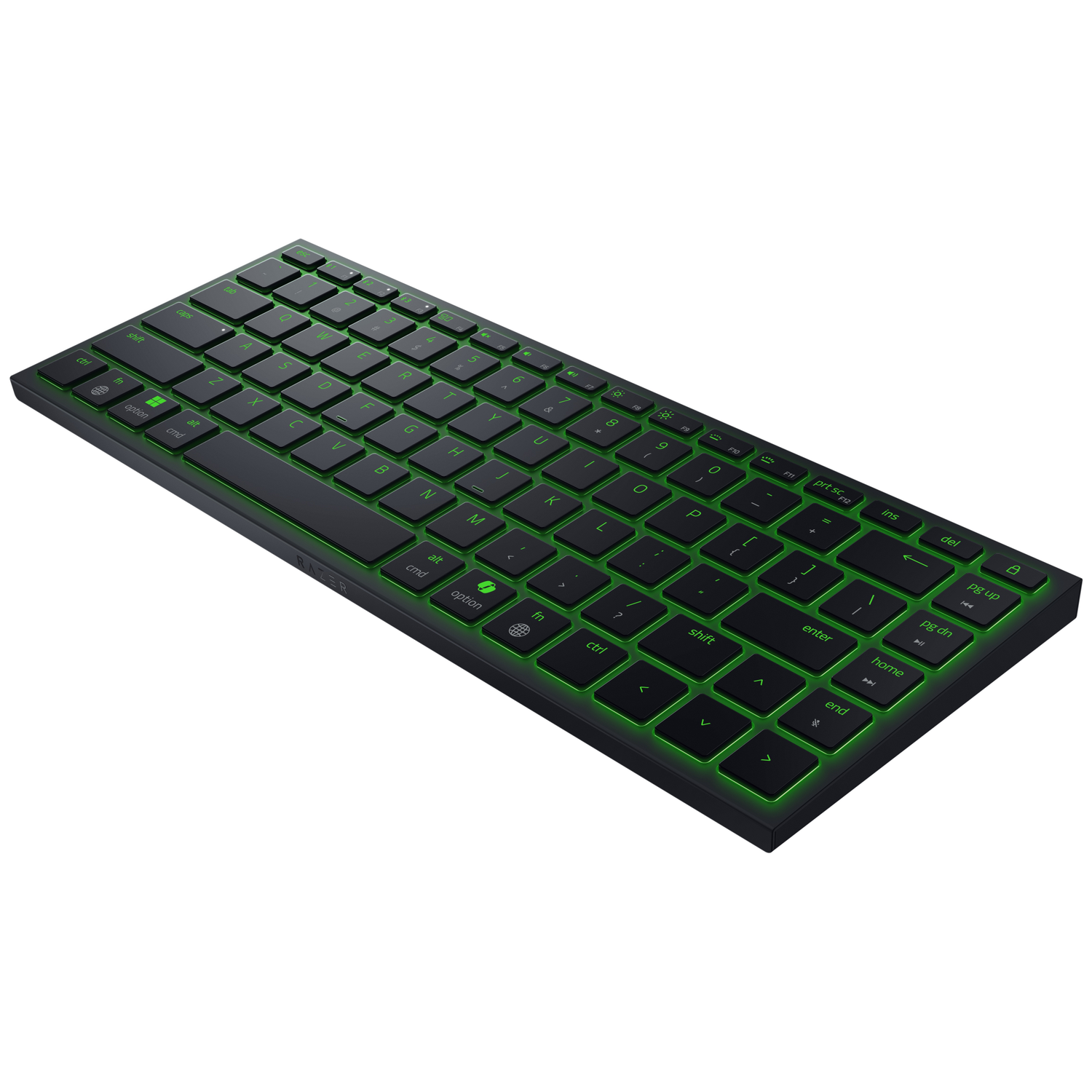 A black keyboard with green backlit keys. Letters and symbols are visible. The keyboard is on a white background.