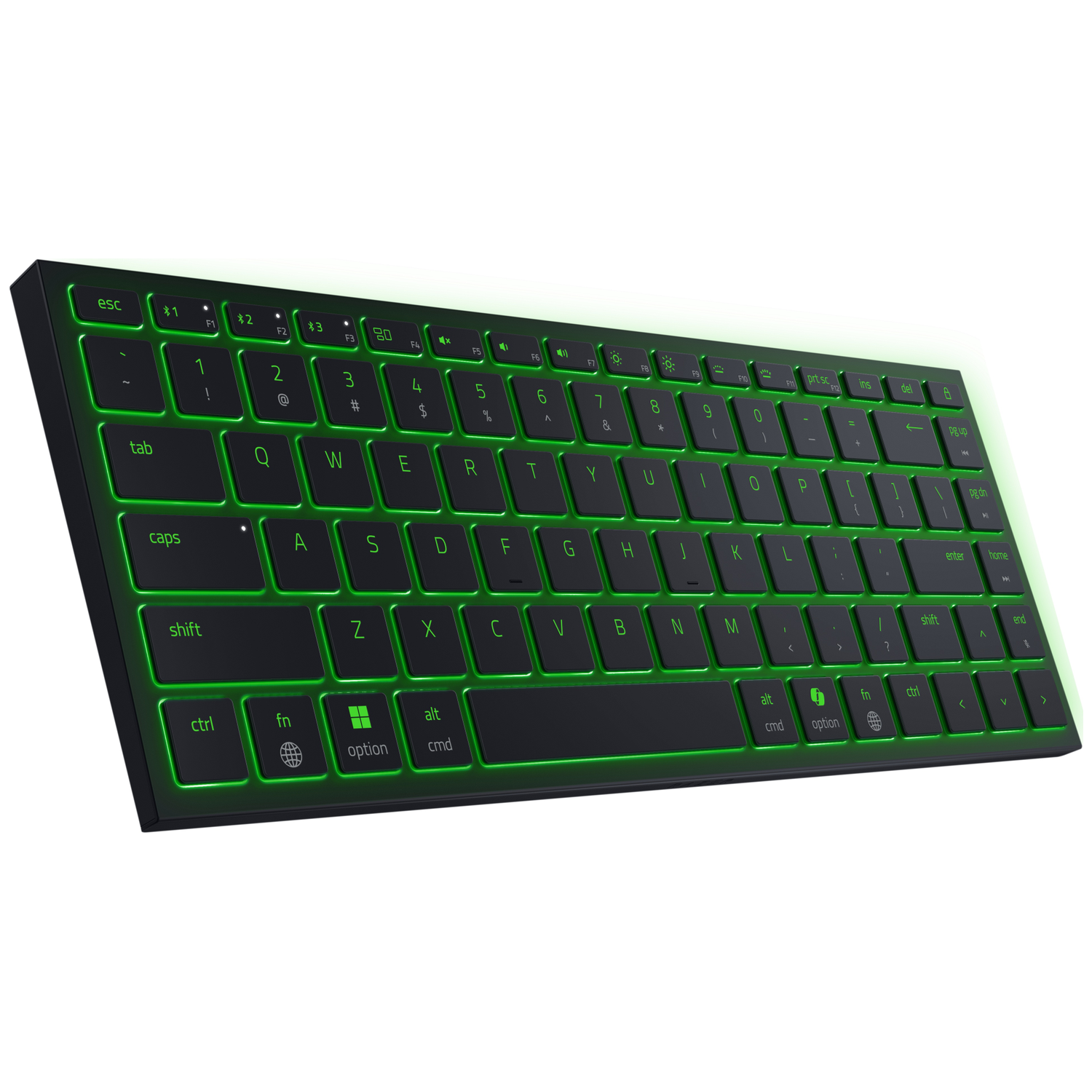 A black keyboard with green backlit keys. Letters and symbols are visible. The keyboard is angled slightly upwards, on a white surface.