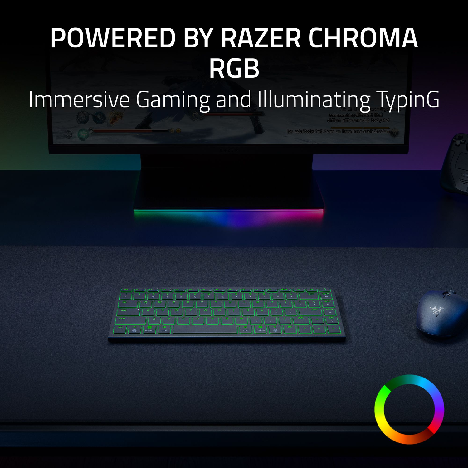 A keyboard, mouse, and monitor on a desk. The keyboard and monitor light up with green and RGB colors.