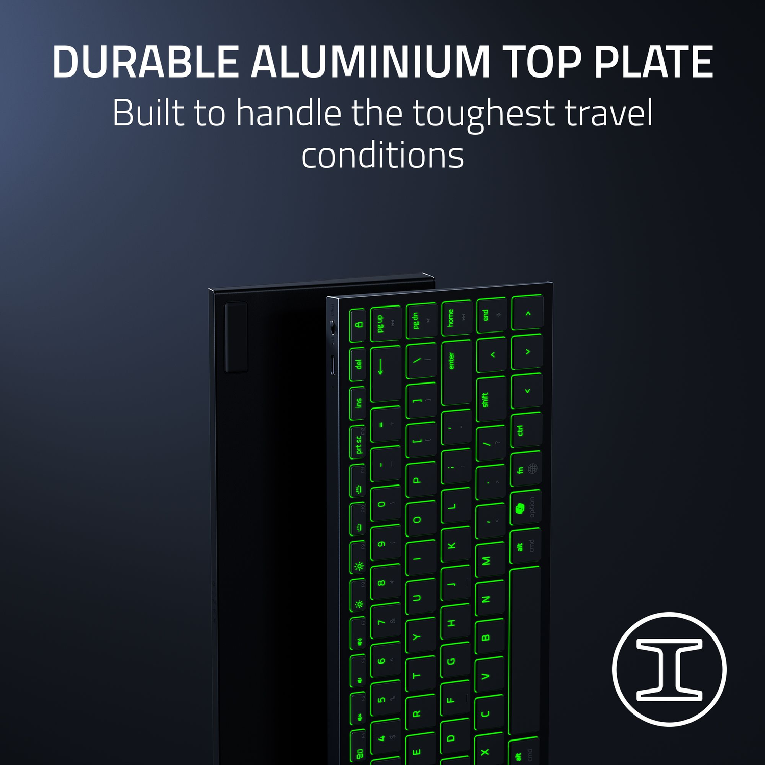 Black keyboard with green backlit keys. The text on the image says 'DURABLE ALUMINIUM TOP PLATE'.