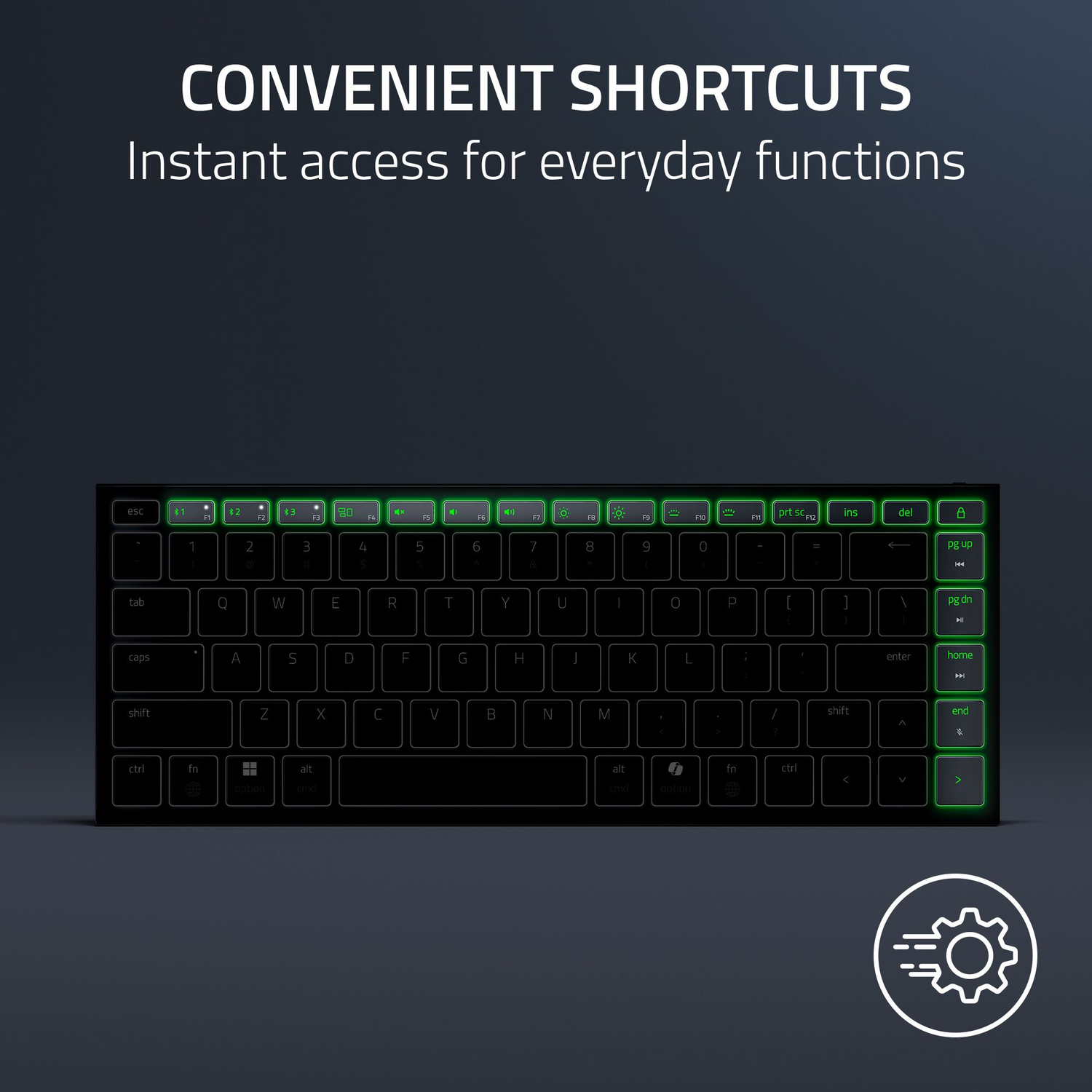 Black keyboard with illuminated keys. Green highlights on function keys and right side. White text: CONVENIENT SHORTCUTS.