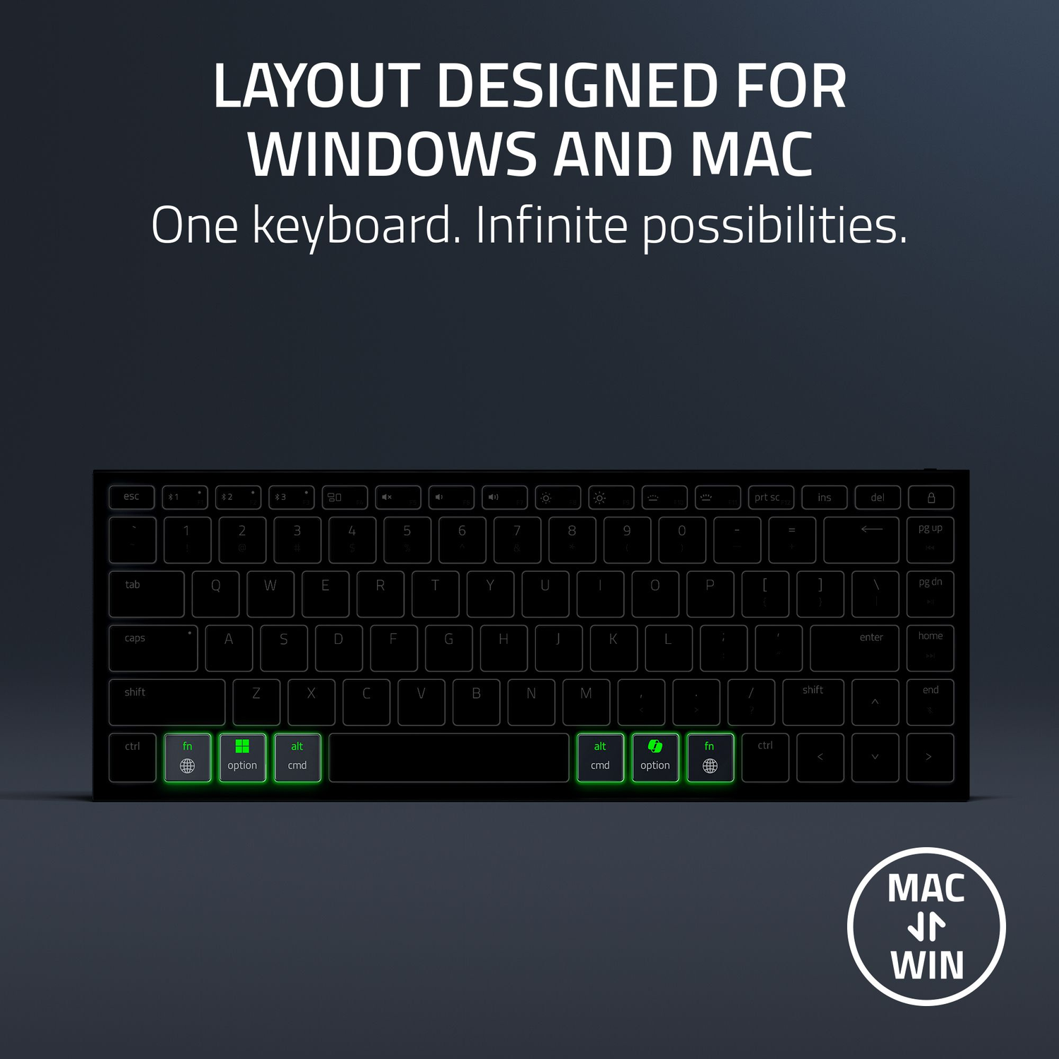 Black keyboard with green illuminated keys. Text: Layout designed for Windows and Mac. One keyboard, infinite possibilities.