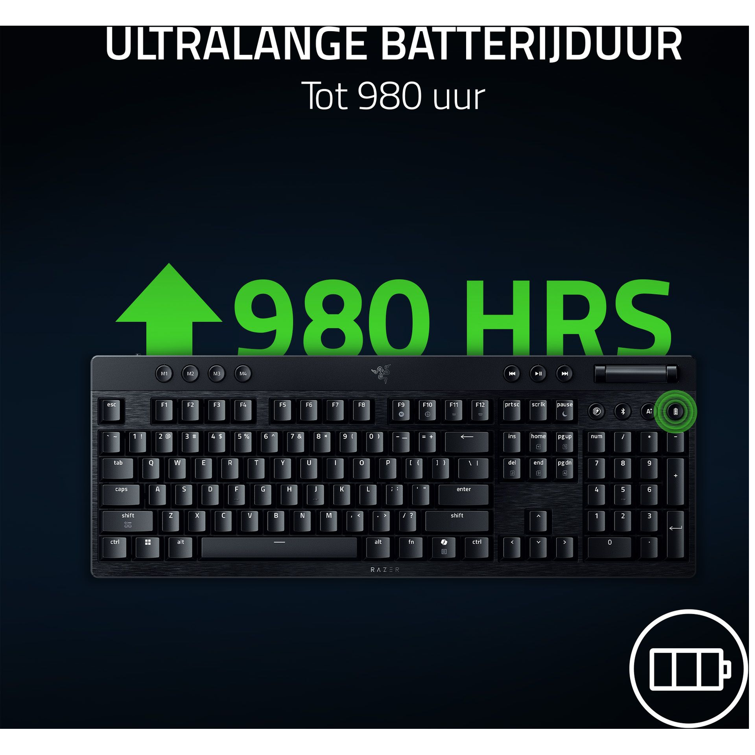 Black keyboard with green arrow and text '980 HRS'. Battery icon in the bottom. Text 'Ultralange batterijduur'.