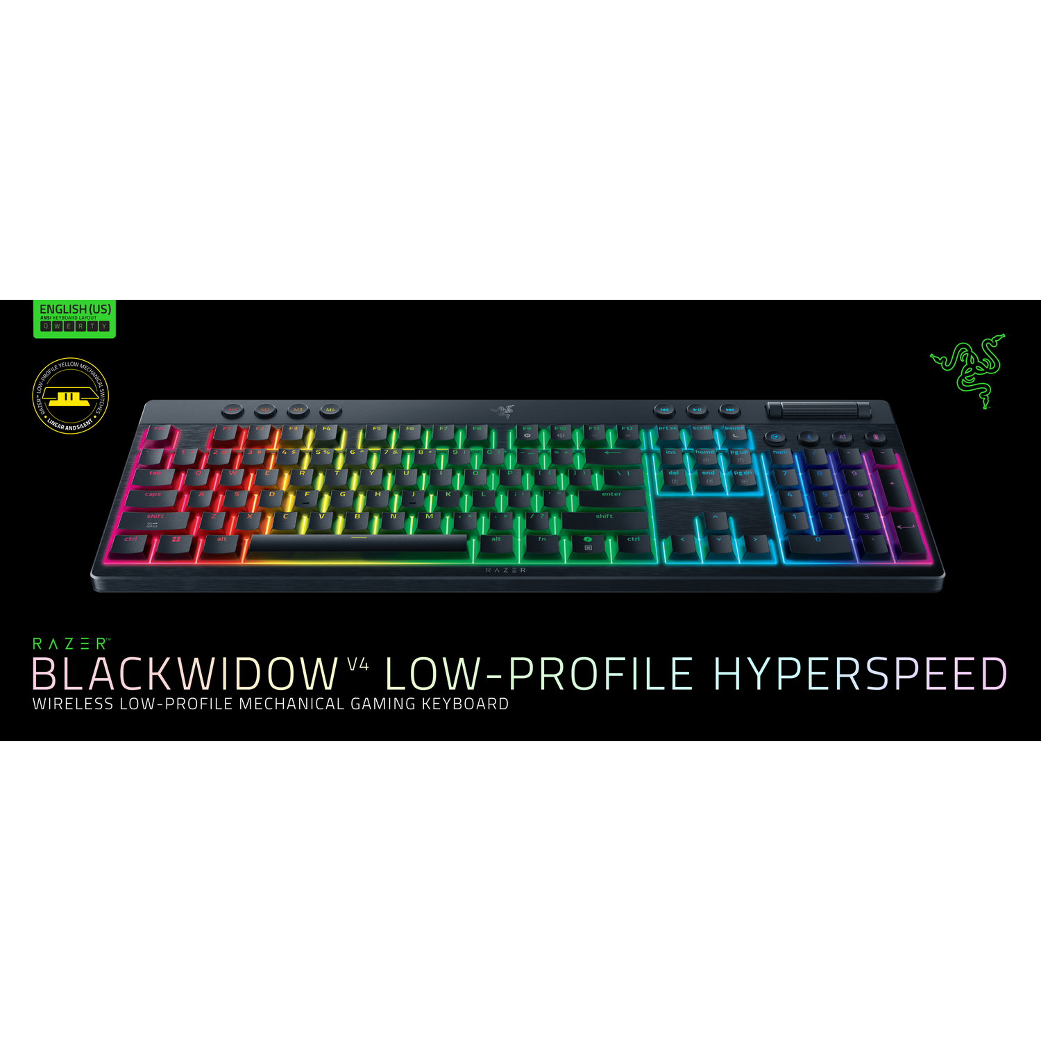 A Razer Blackwidow V4 low-profile keyboard with rainbow-colored keys. The Razer logo is in the top right corner.