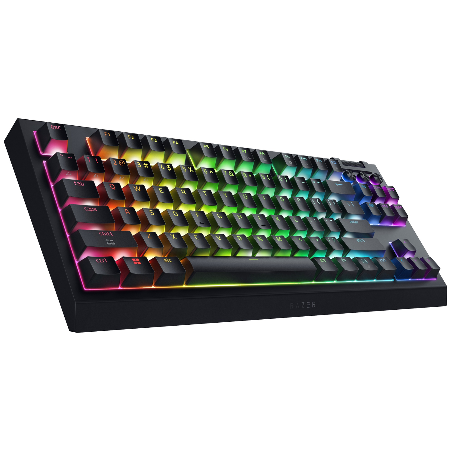 A black Razer keyboard with rainbow-colored keys. The keys are illuminated, and the Razer logo is visible.