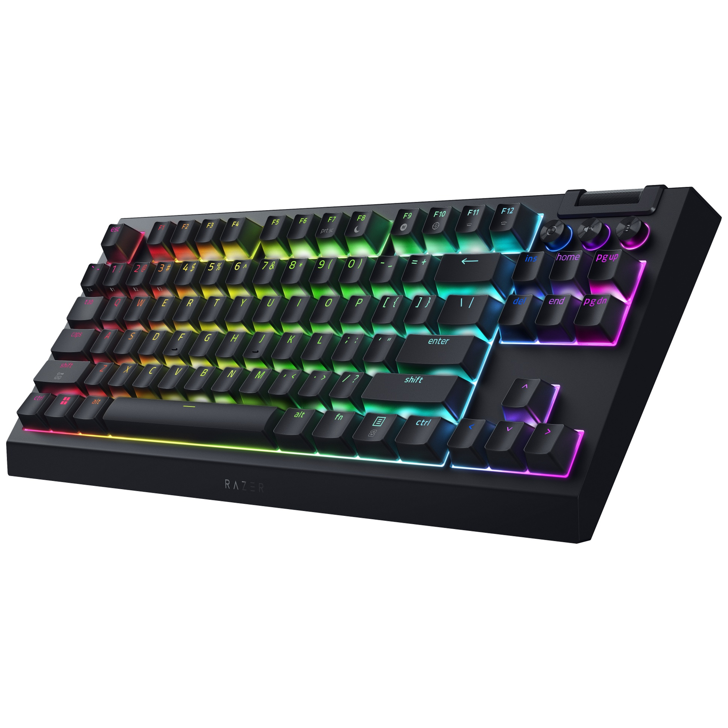 Black Razer keyboard with multi-colored illuminated keys on white background. RAZER logo is visible.