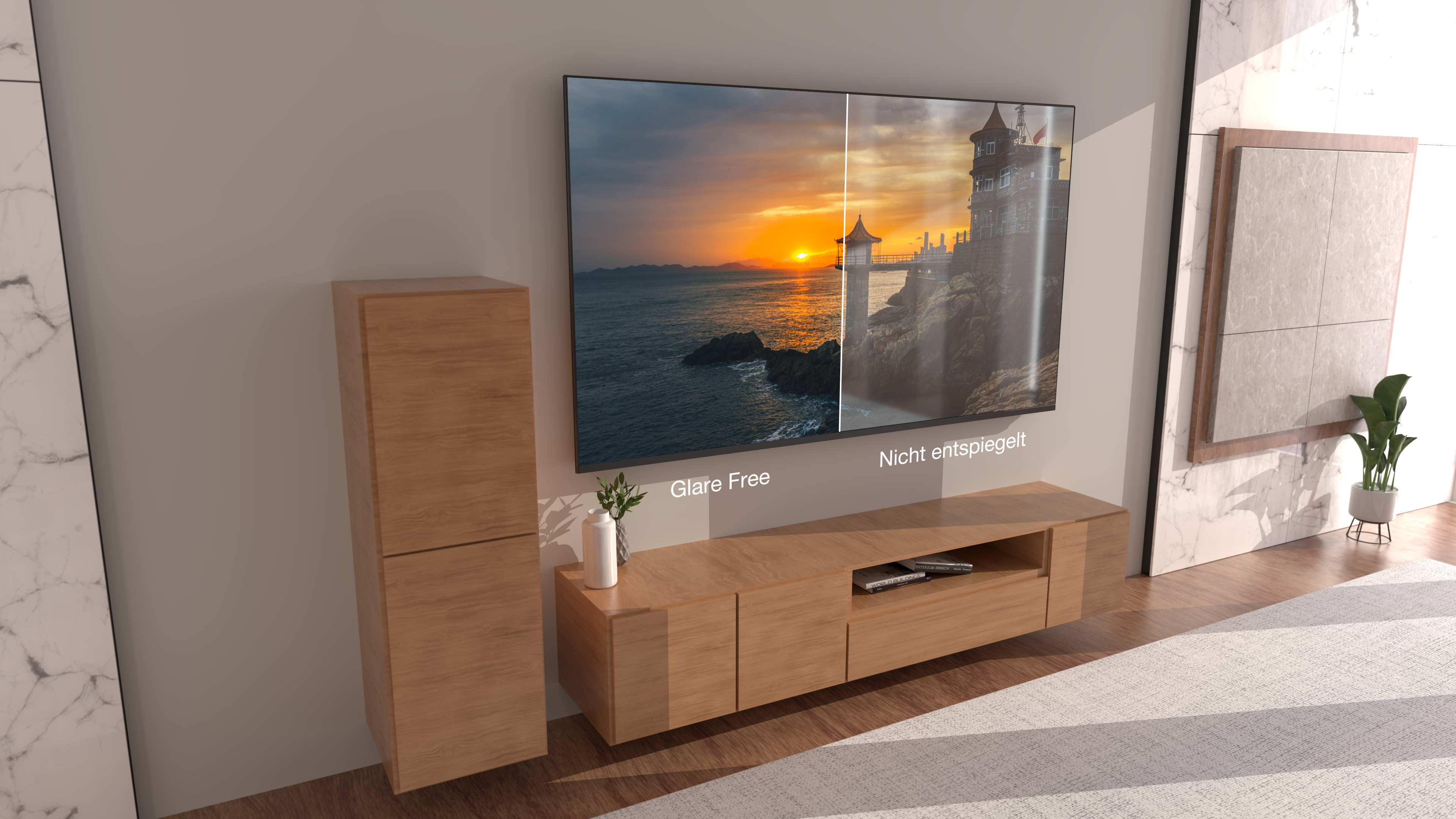 Wohnzimmer mit TV, der Sonnenuntergang über dem Wasser zeigt. Holzmöbel enthalten einen Schrank und ein Unterhaltungscenter. Auf dem Boden liegt ein Teppich.
