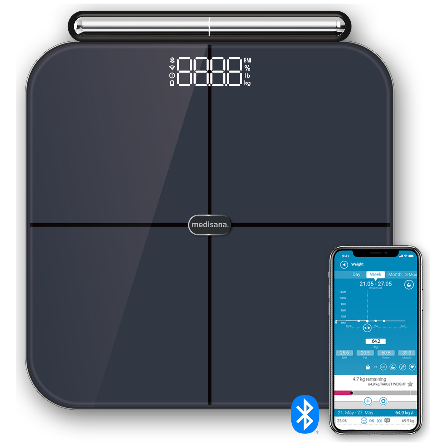 Een digitale weegschaal met een display dat gewicht en lichaamsmaten weergeeft. Een smartphonescherm toont gewichtsgegevens via Bluetooth.