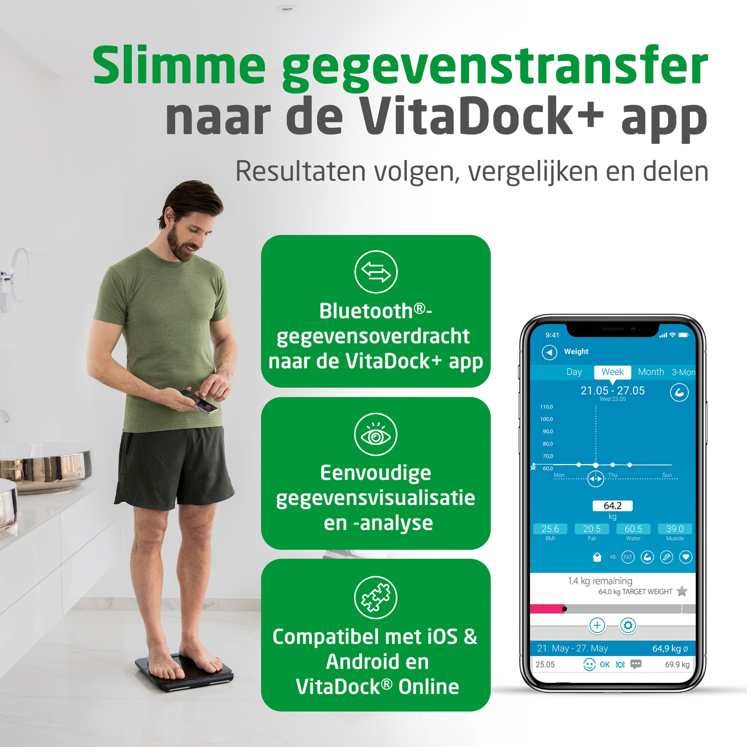 Man op weegschaal, kijkt naar telefoon. Grafiek met data, Bluetooth logo. Tekst: gegevensoverdracht naar de VitaDock+ app.