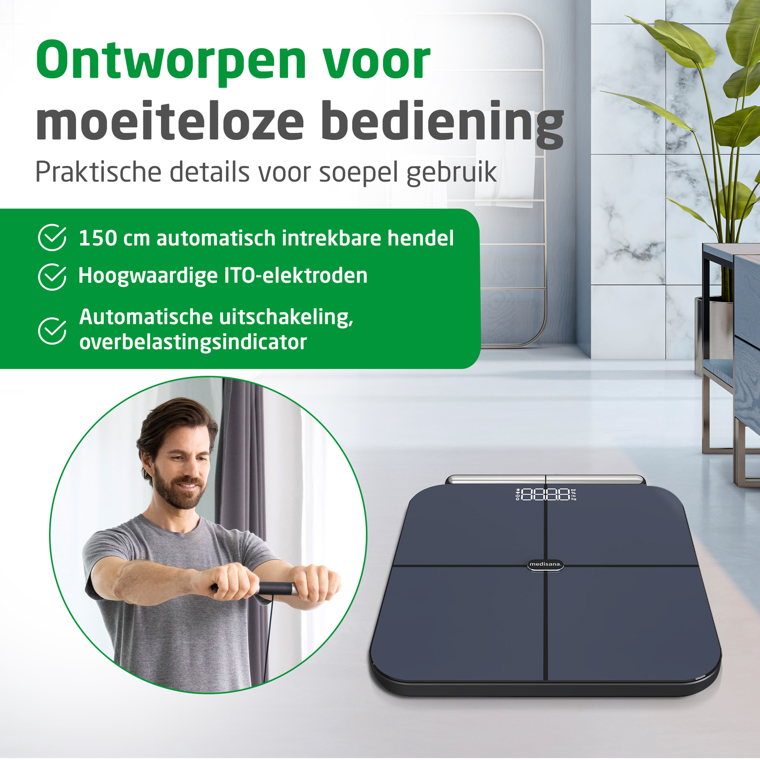 Een man gebruikt een zwarte weegschaal met handvat. Tekst: eenvoudig gebruik, 150 cm handvat, ITO-elektroden, automatische uitschakeling. Plant en meubels.