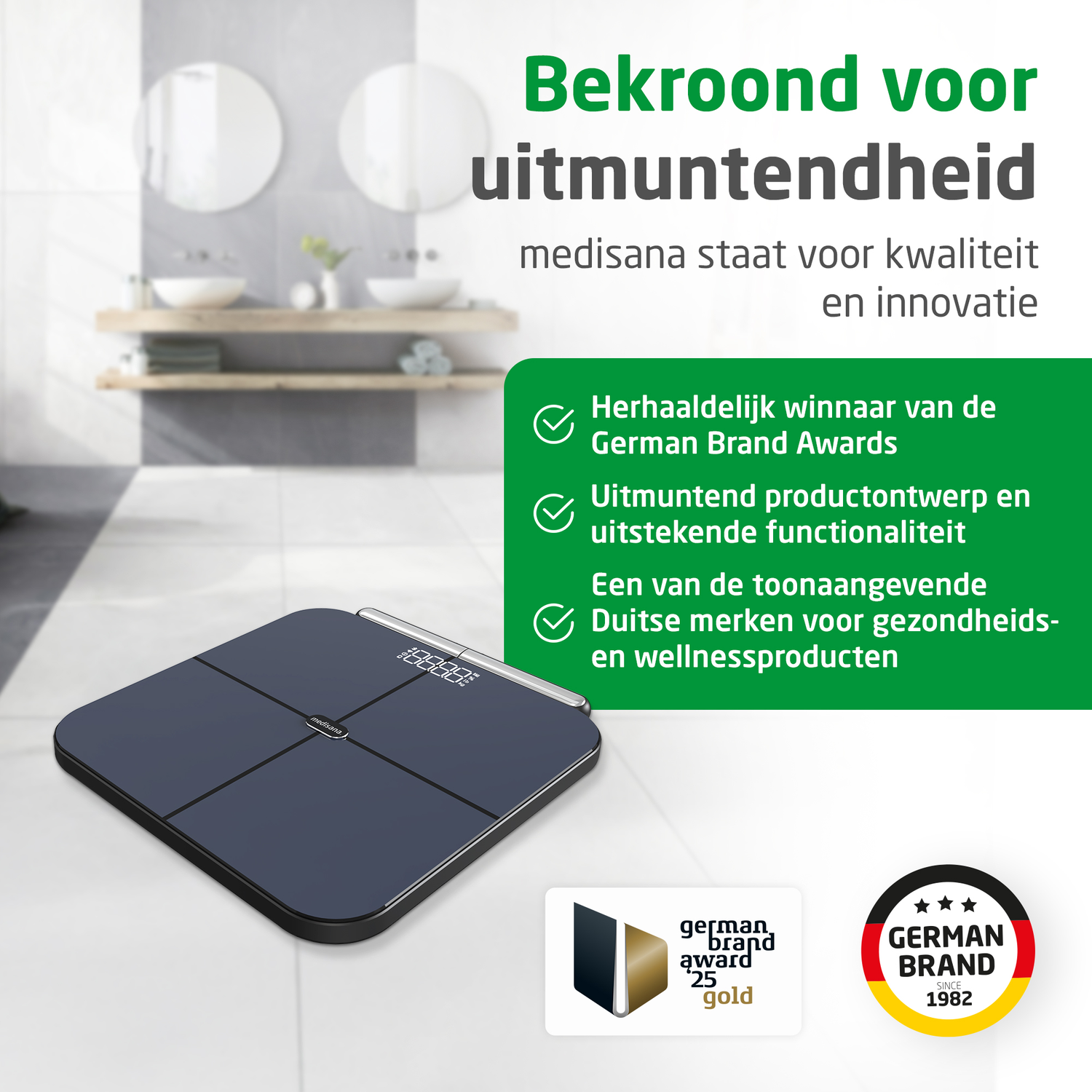 Een zwarte digitale weegschaal op een betegelde vloer, met tekst in het Nederlands. Met German Brand Award logo.