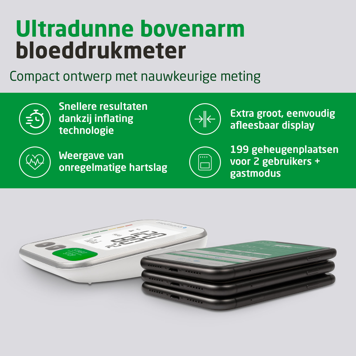 Afbeelding toont een bloeddrukmeter en drie gestapelde smartphones. De meter is wit, de telefoons zijn zwart.