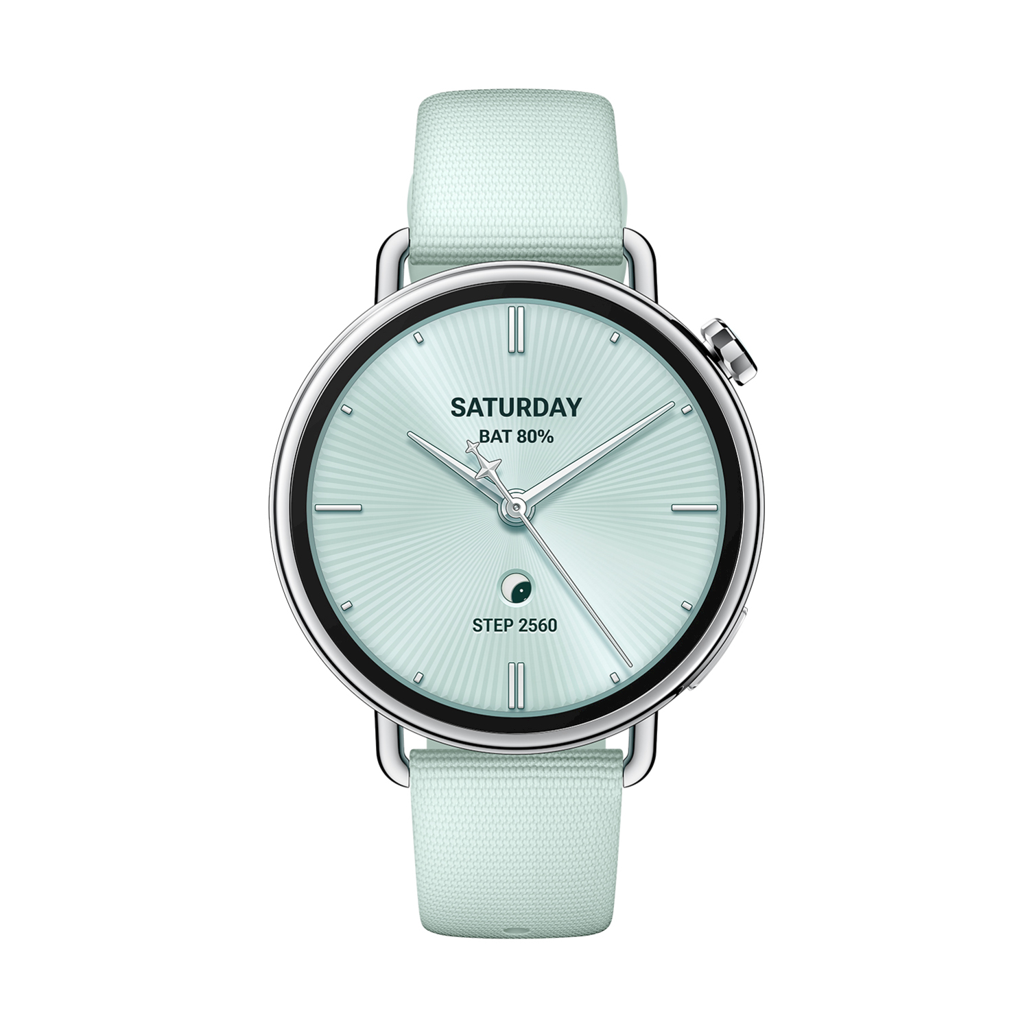 Uno smartwatch verde menta con cassa e cinturino argentati. Il quadrante mostra 'Sabato', il livello della batteria e il conteggio dei passi.