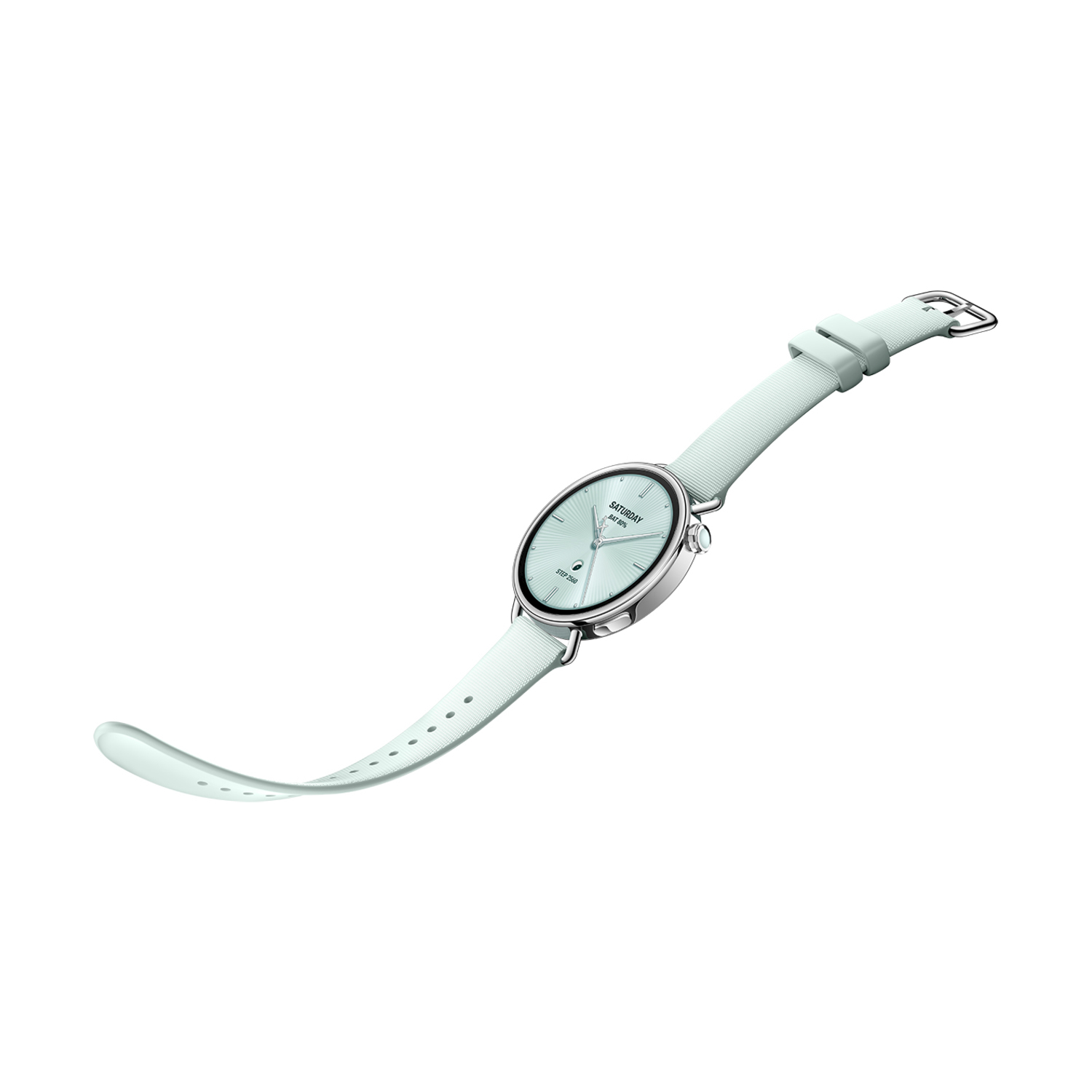 Uno smartwatch verde menta con cassa argentata e cinturino abbinato è esposto su sfondo bianco.