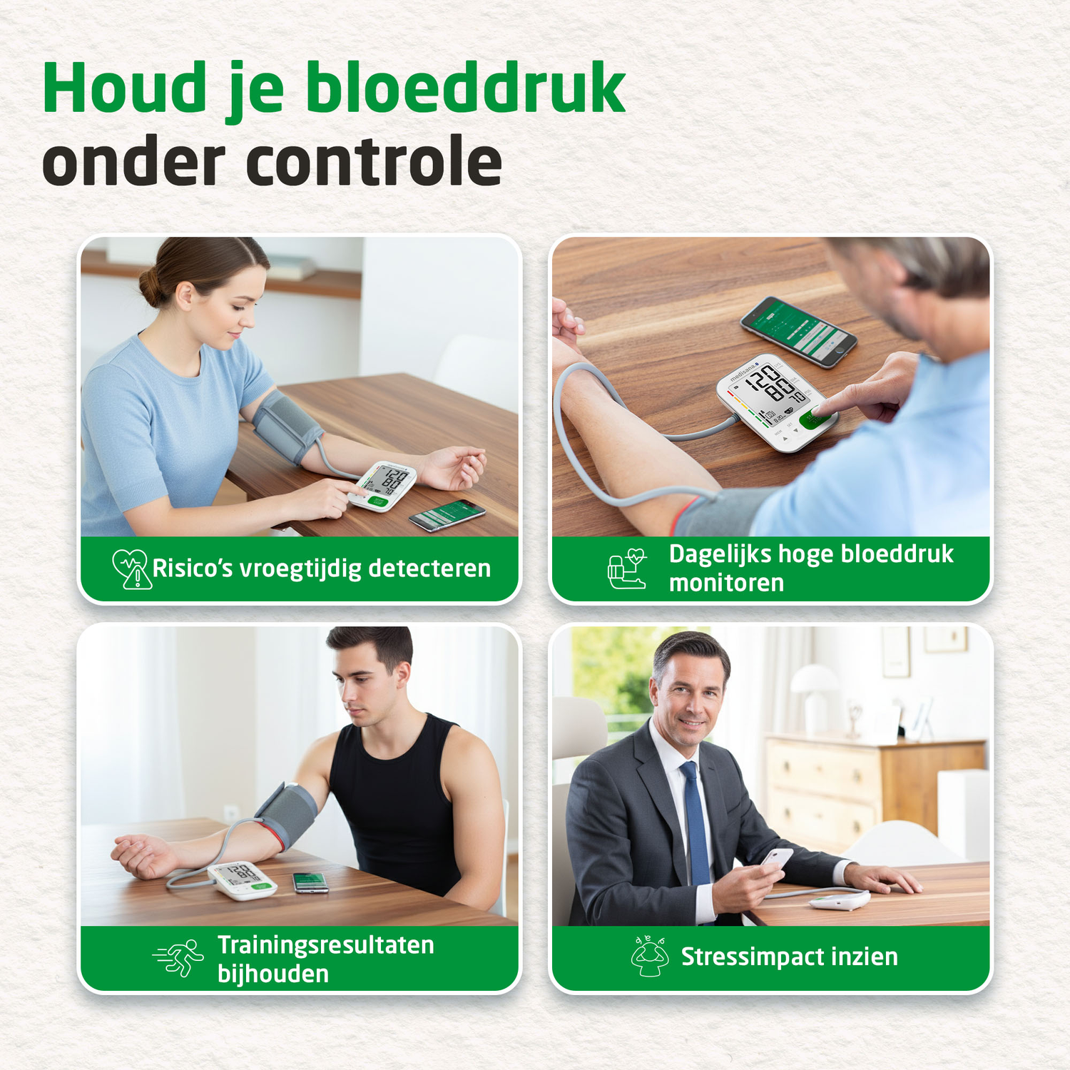Afbeelding toont vier panelen met mensen die bloeddrukmeters gebruiken, elk met een andere focus: risicodetectie, monitoring, training en stress.