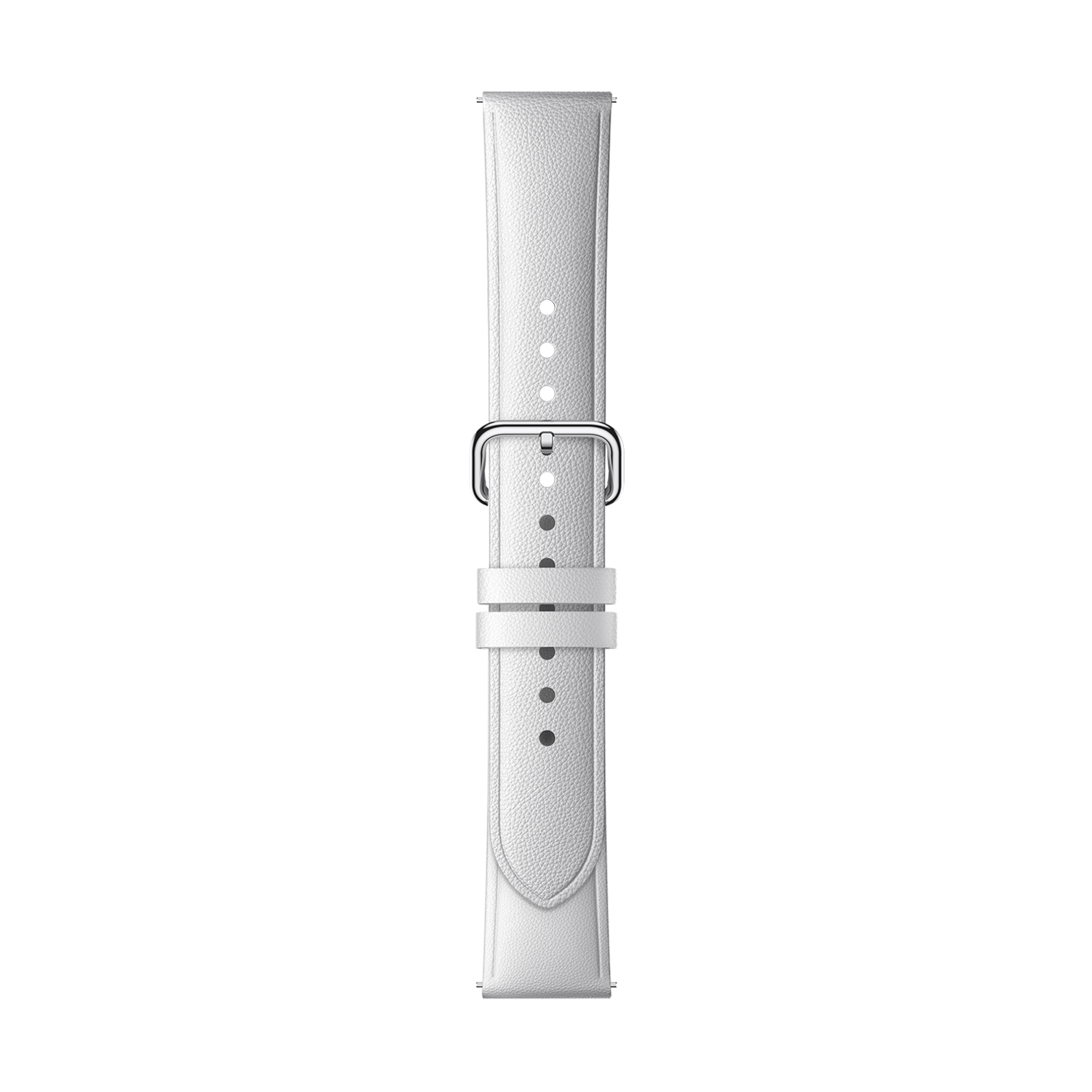 Un cinturino bianco con fibbia argentata, centrato su sfondo bianco. Il cinturino ha diversi fori per la regolazione.