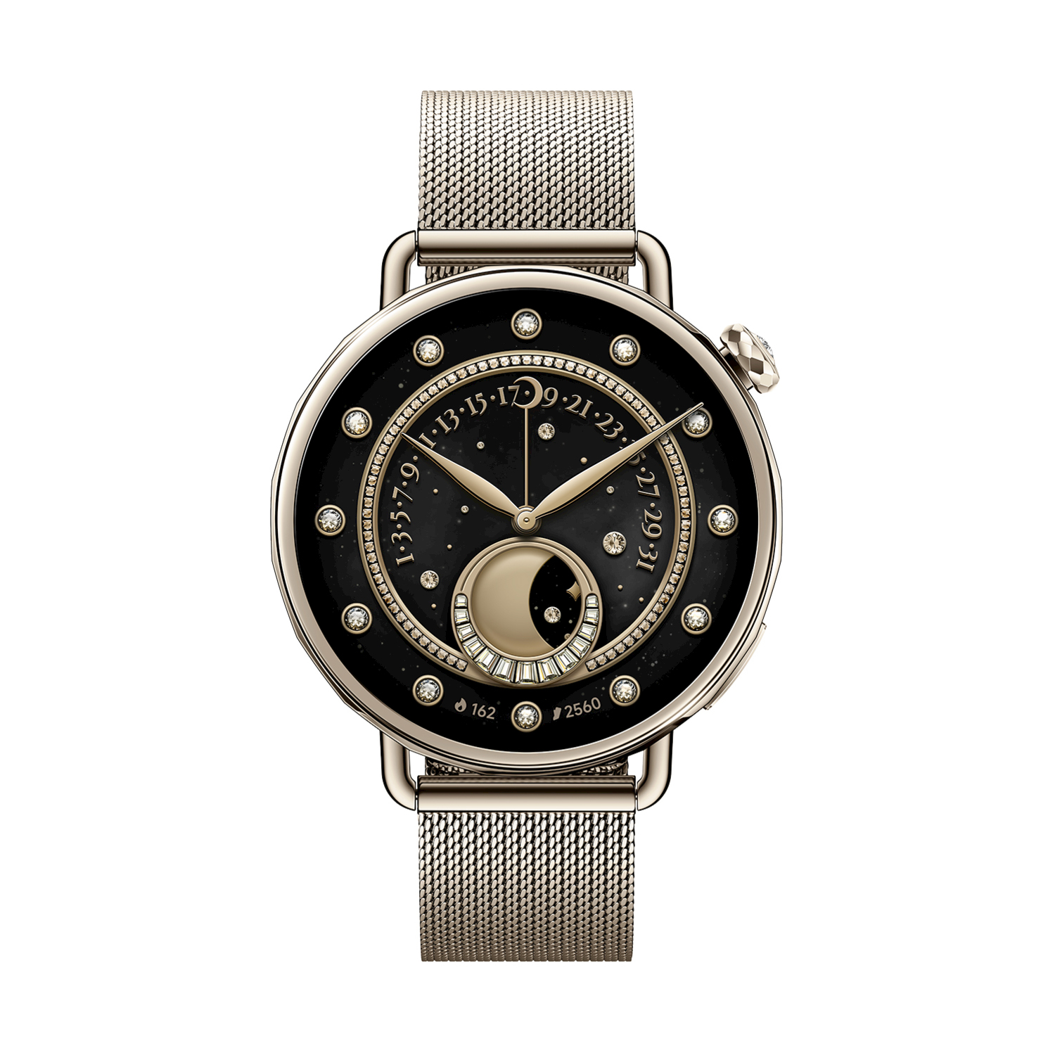 Uno smartwatch color oro con quadrante nero, ornato di diamanti e cinturino a maglia, che mostra le fasi lunari.