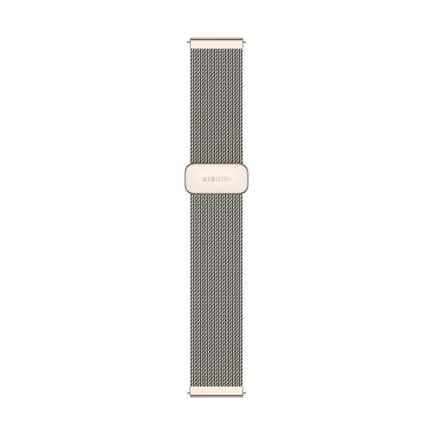 Un cinturino per orologio Xiaomi dorato è posizionato verticalmente. Ha un design a rete e una chiusura rettangolare con il logo Xiaomi.