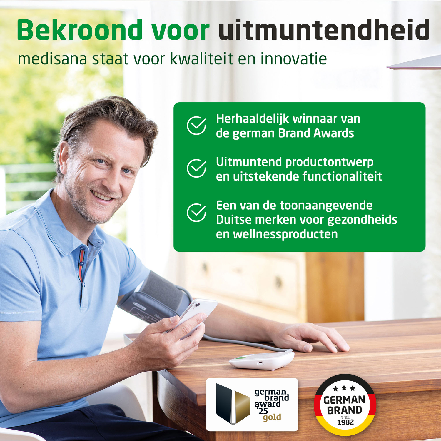 Man in blauw overhemd controleert bloeddruk. Tekst vermeldt prijzen en kwaliteit van het product.