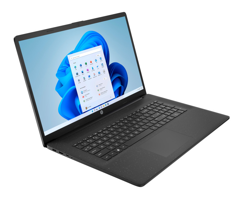 Schwarzer HP-Laptop, geöffnet, mit Windows 11-Oberfläche. Der Bildschirm zeigt einen blauen Hintergrund mit weißen Symbolen.
